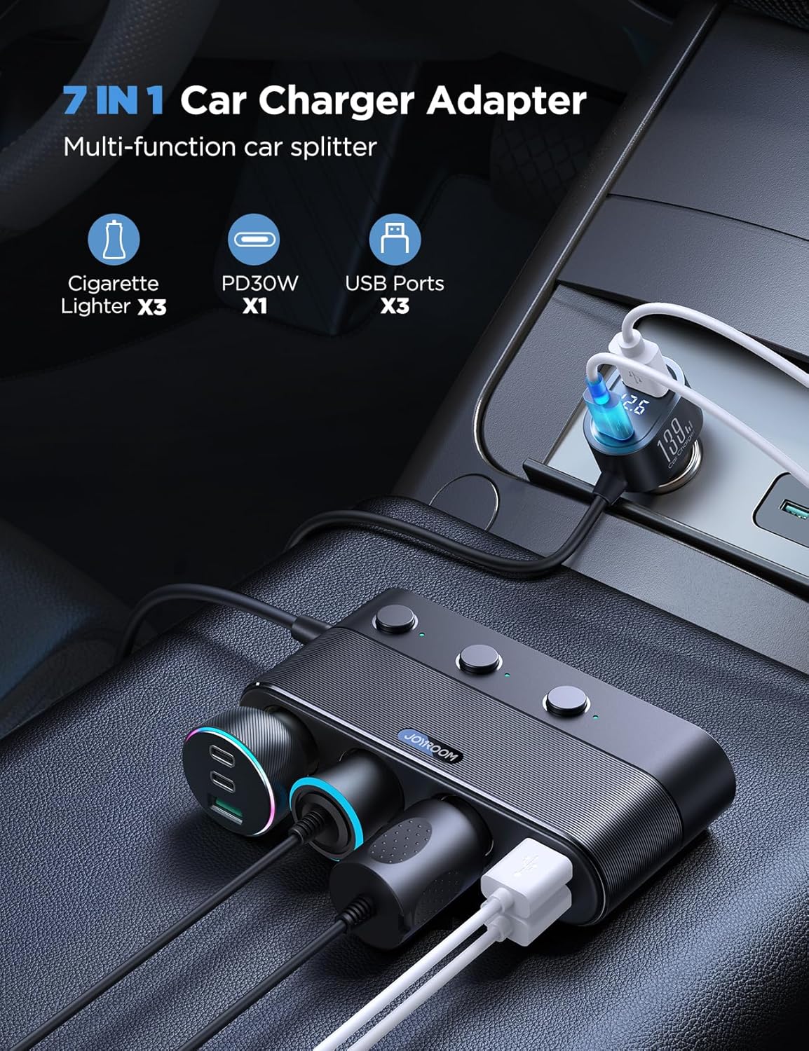 JOYROOM – Divisor de encendedor de cigarrillos 7 en 1, adaptador de cargador de coche de 139 W con carga PD30W (cable de 3.3 pies), adaptador