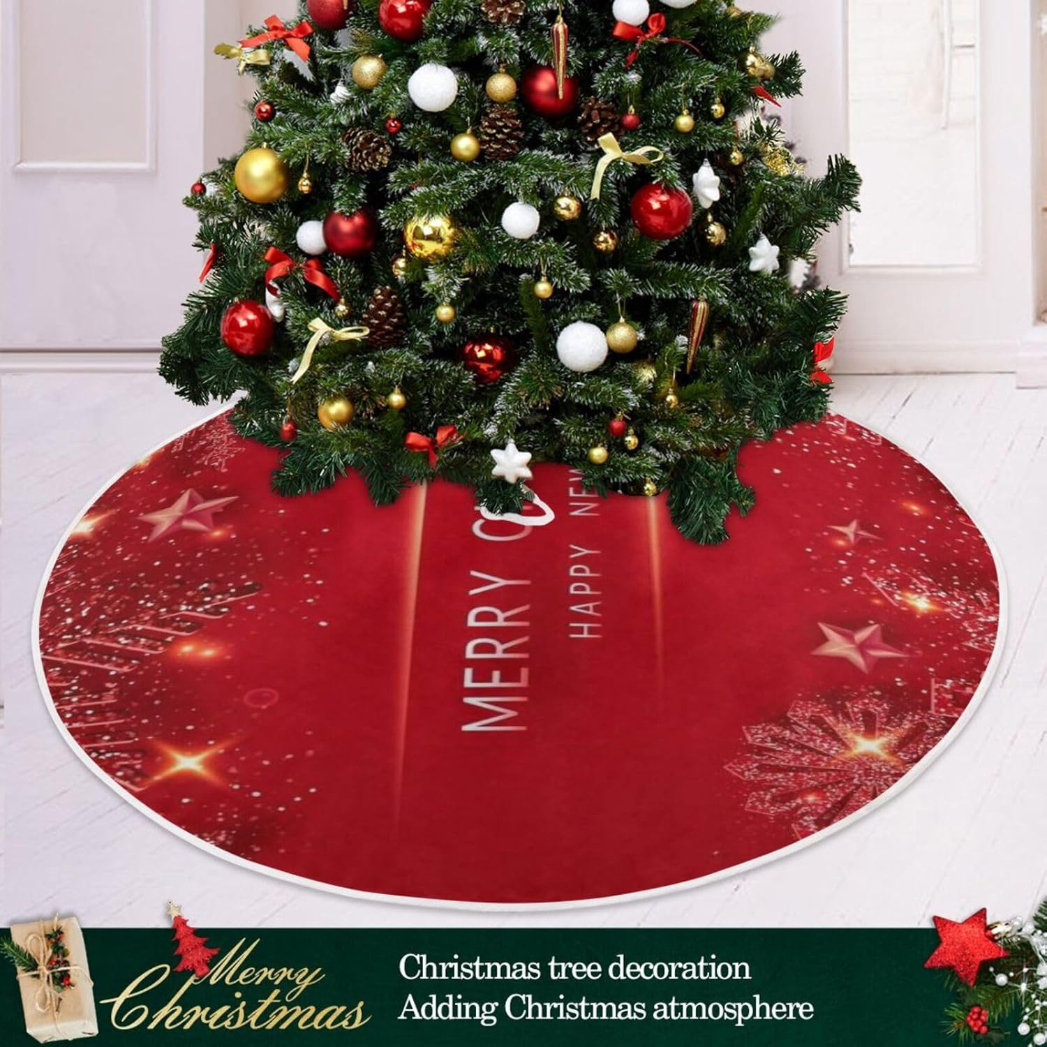Falda de base de árbol de copos de nieve brillantes de Navidad, decoraciones de árboles Chrismast, falda de árbol, lavable a máquina, faldas de