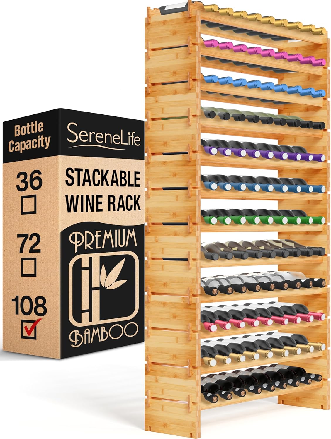 SereneLife Estante de vino apilable de bambú, capacidad de 108 botellas de 12 niveles, suelo de pie, sin herramientas, estante modular de