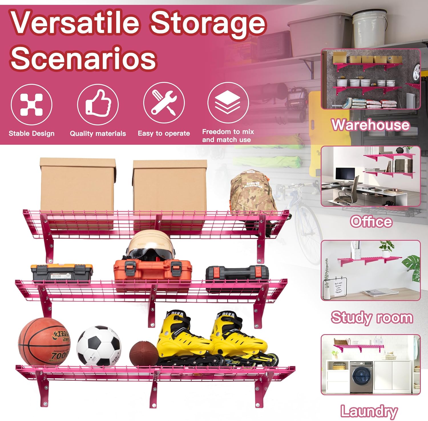 Estantería de garaje de 3 niveles de 1.3 x 4 pies montada en la pared, carga 900 libras, estantería de pared de metal de 15.6 x 48 pulgadas, estante