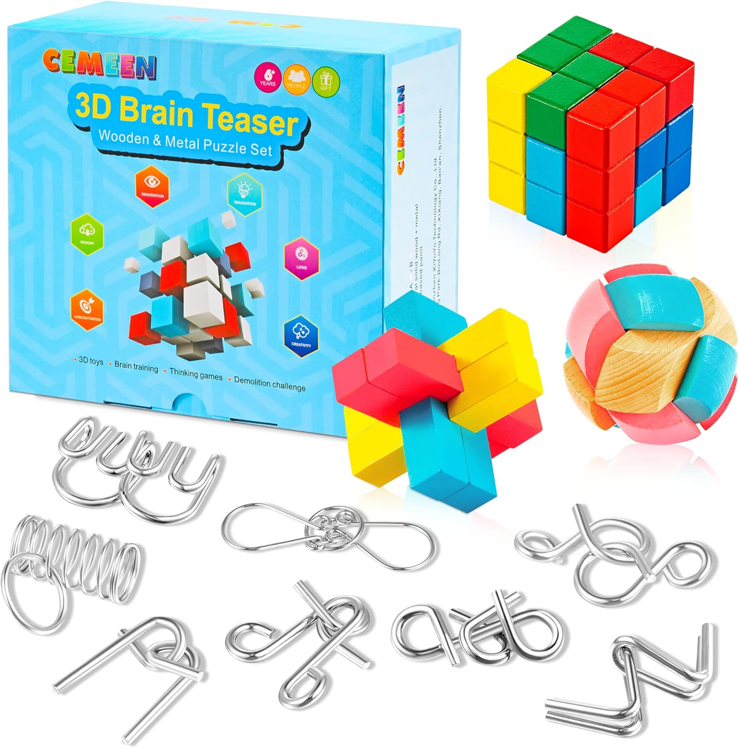 Juego de 11 rompecabezas de rompecabezas 3D – Paquete de 11 juguetes coloridos de madera y metal para desbloquear el cerebro de enclavamiento,
