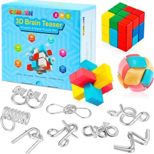 Juego de 11 rompecabezas de rompecabezas 3D – Paquete de 11 juguetes coloridos de madera y metal para desbloquear el cerebro de enclavamiento, Juego de 11 rompecabezas de rompecabezas 3D – Paquete de 11 juguetes coloridos de madera y metal para desbloquear el cerebro de enclavamiento,