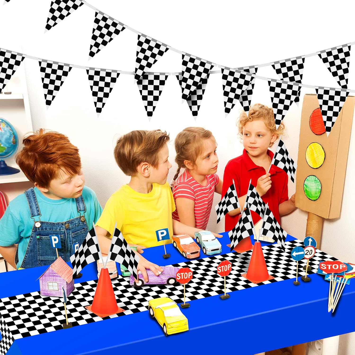 Irenare Suministros para fiesta de cumpleaños de automóvil, decoraciones de fiesta de carreras, mantel de carretera, camino de mesa de carreras,