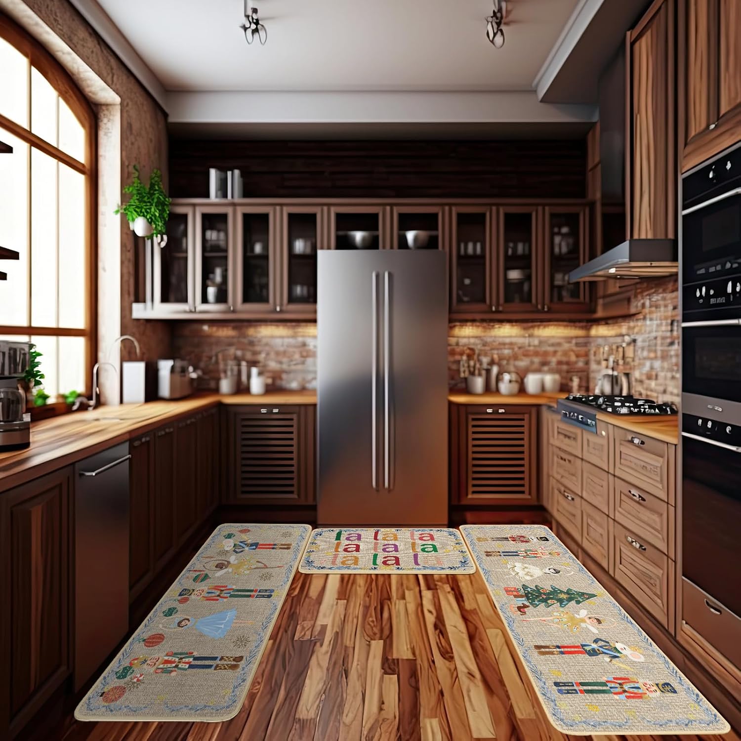 Layhit Juego de 3 tapetes de cocina de Navidad con alfombras y tapetes de pasillo de acuarela, tapetes decorativos de cocina de Navidad, alfombra de