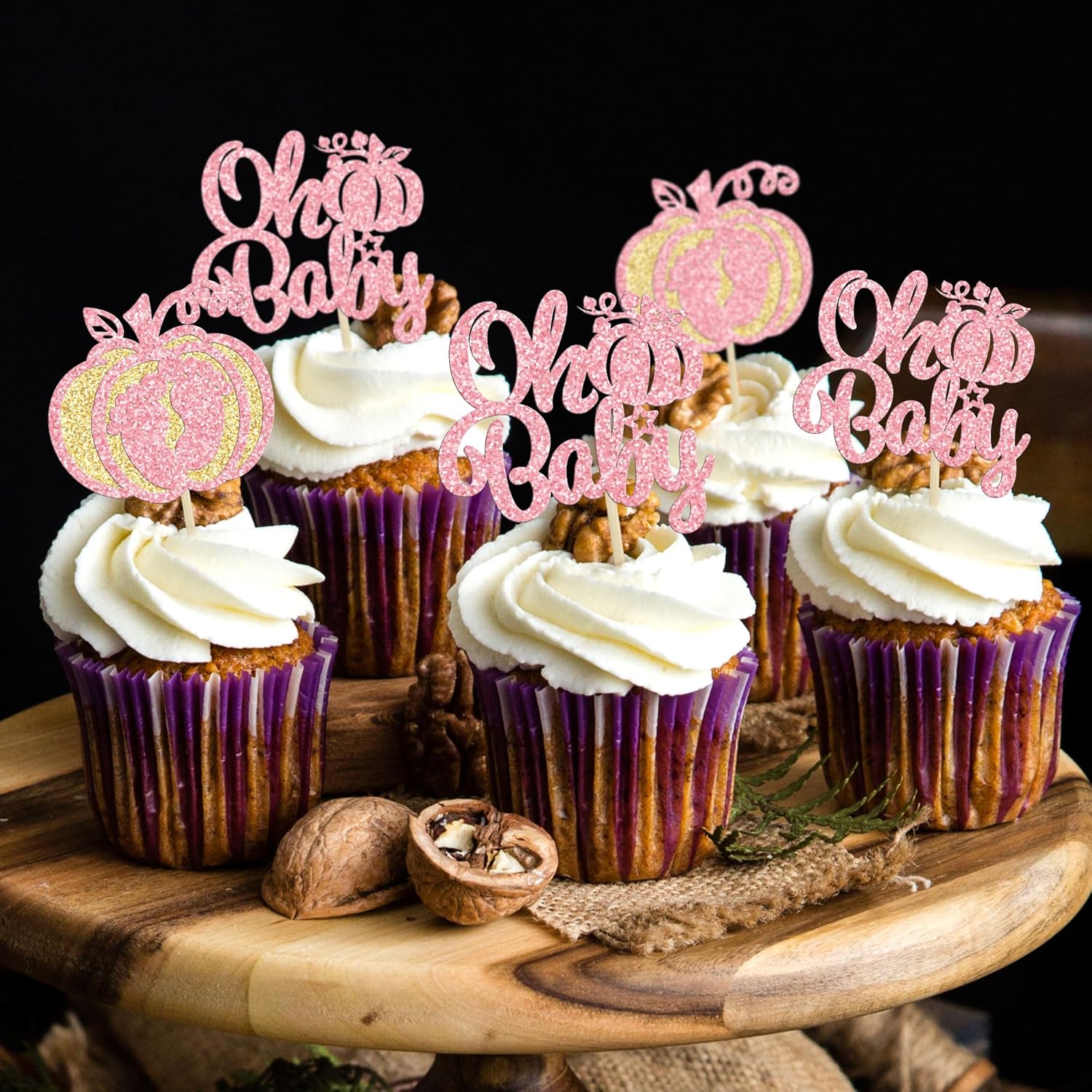 Gyufise 24 adornos para cupcakes de calabaza rosa, decoración de pastel de baby shower, decoración para baby shower con temática de calabaza,