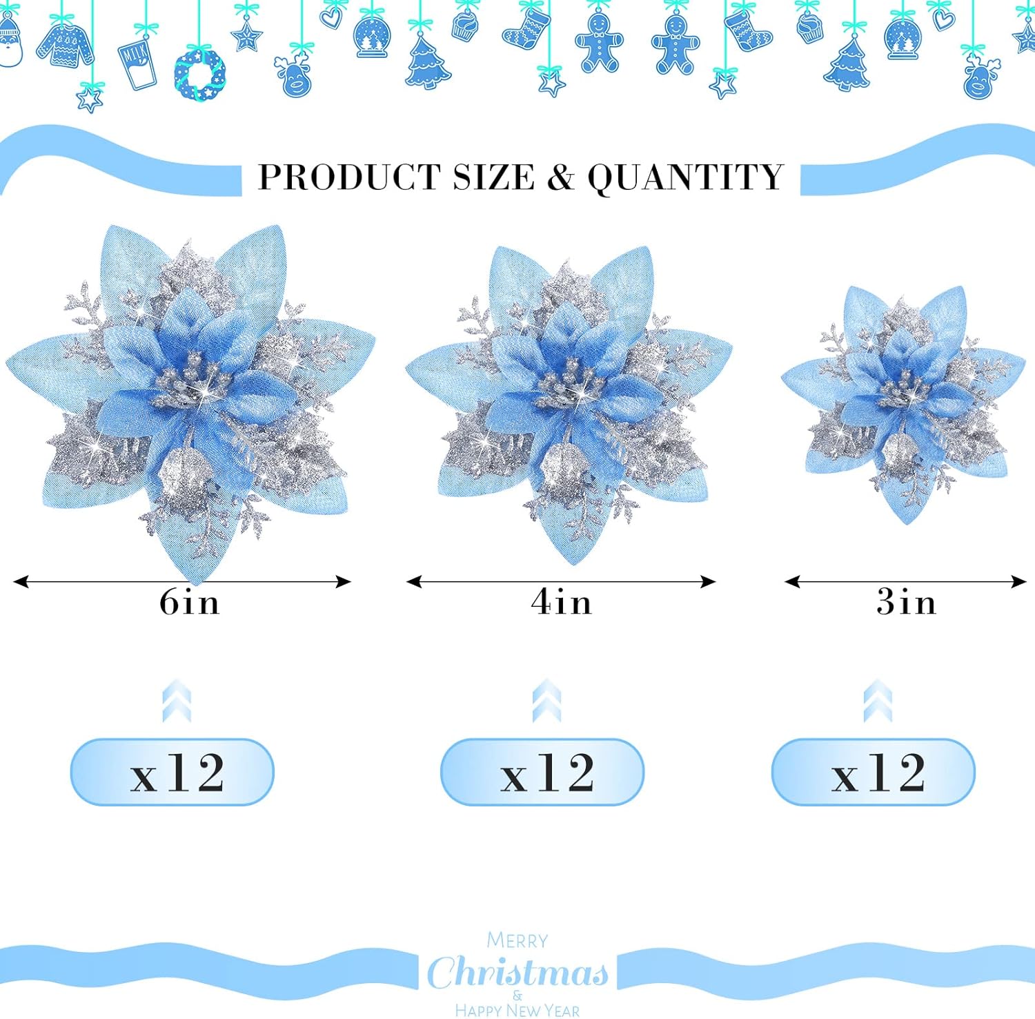 24 flores de Pascua con purpurina de Navidad y clips para adornos de árbol de Navidad, bodas, 6 pulgadas, 4 pulgadas, 3 pulgadas (plata y azul)