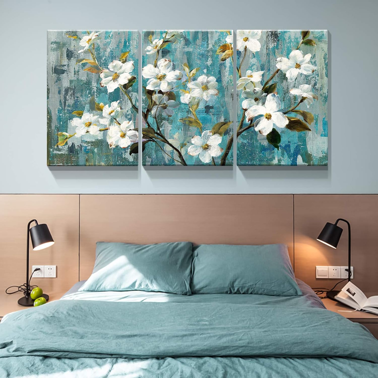 Denozer Arte de pared de flores para baño, decoración de pared de flores blancas con fondo abstracto, lienzo, ilustraciones modernas, lienzo,