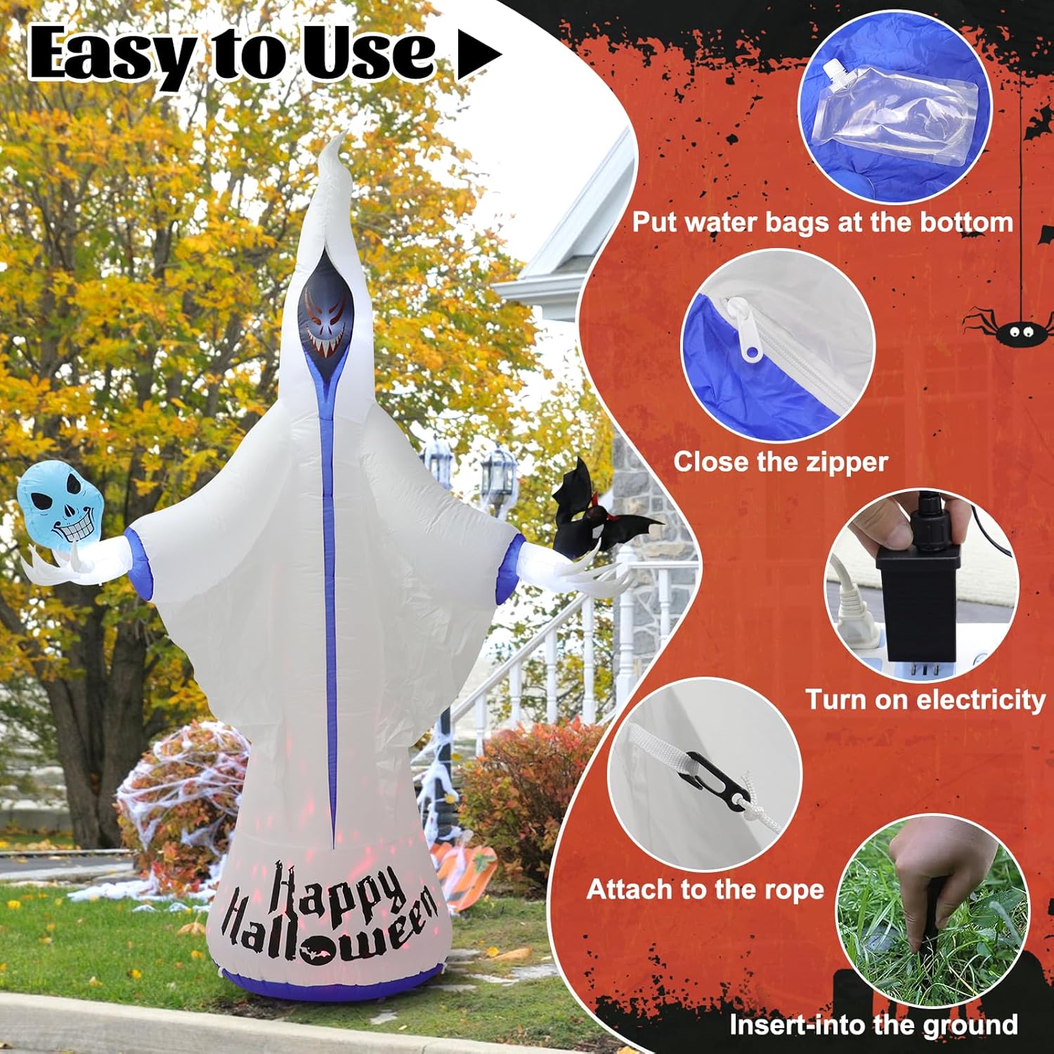 Decoraciones inflables de fantasma blanco de Halloween de 9 pies, decoraciones inflables de Halloween al aire libre con luces LED, patio inflable de