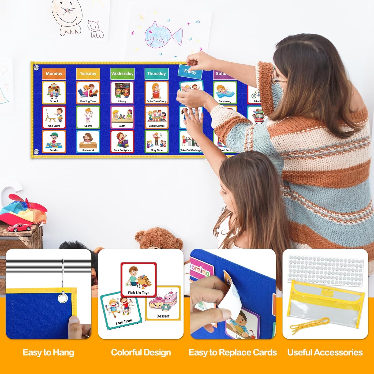 Godery Gran horario visual para niños, tabla de recompensa de tareas domésticas, tabla de rutina para niños pequeños, planificador semanal de doble