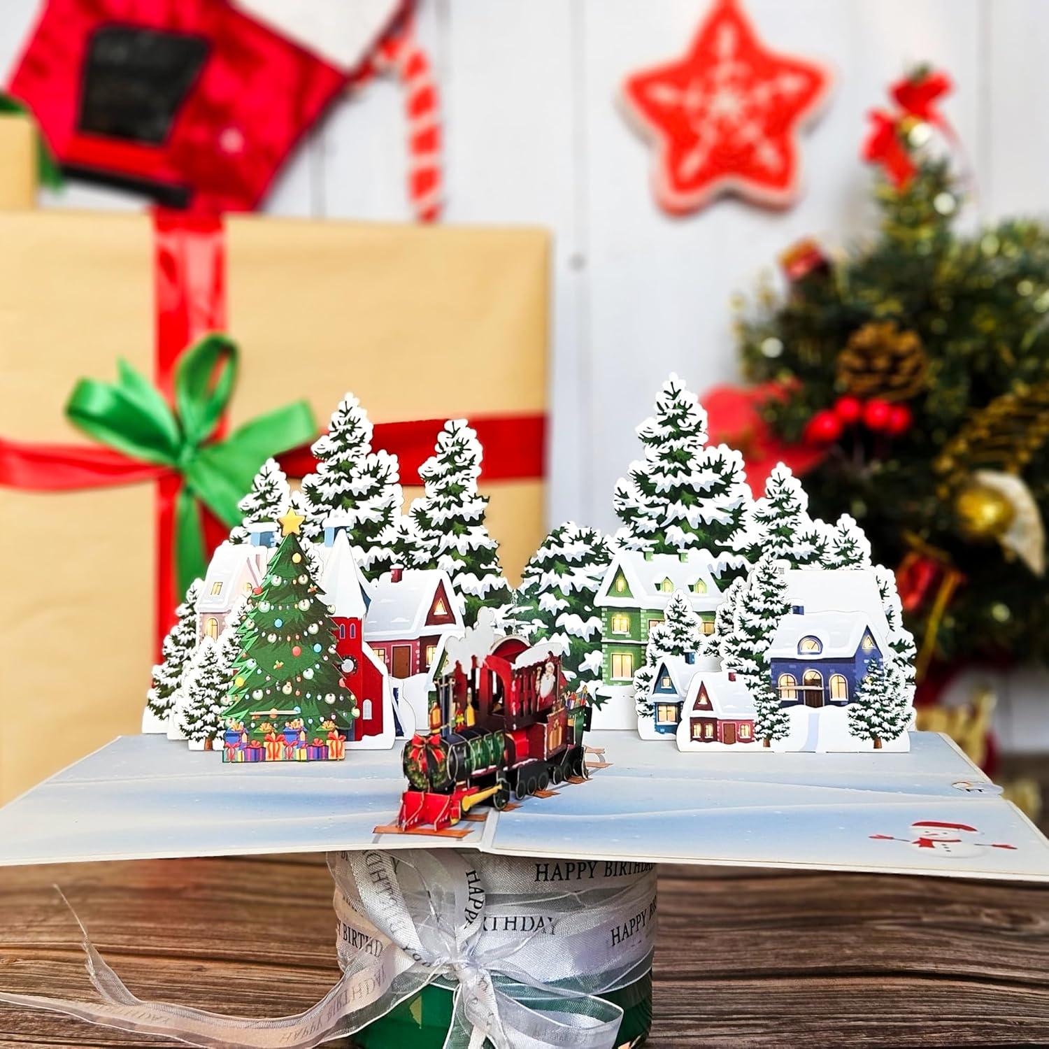 By 22CRAFT – Tarjetas de Navidad emergentes de 22 CRAFT en 3D, tarjetas de Navidad emergentes en 3D de Train Village, tarjeta de felicitación de