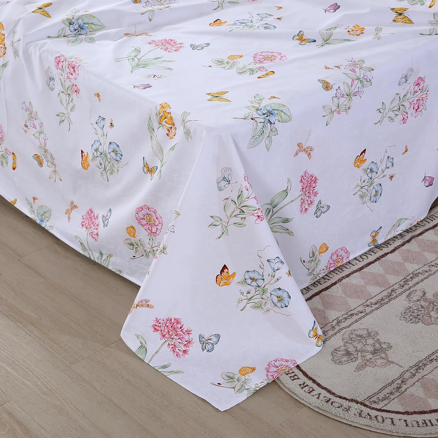 RYNGHIPY Juego de sábanas de algodón egipcio, tamaño King, diseño de flores botánicas de jardín, mariposas, con fundas de almohada, ultra suaves y
