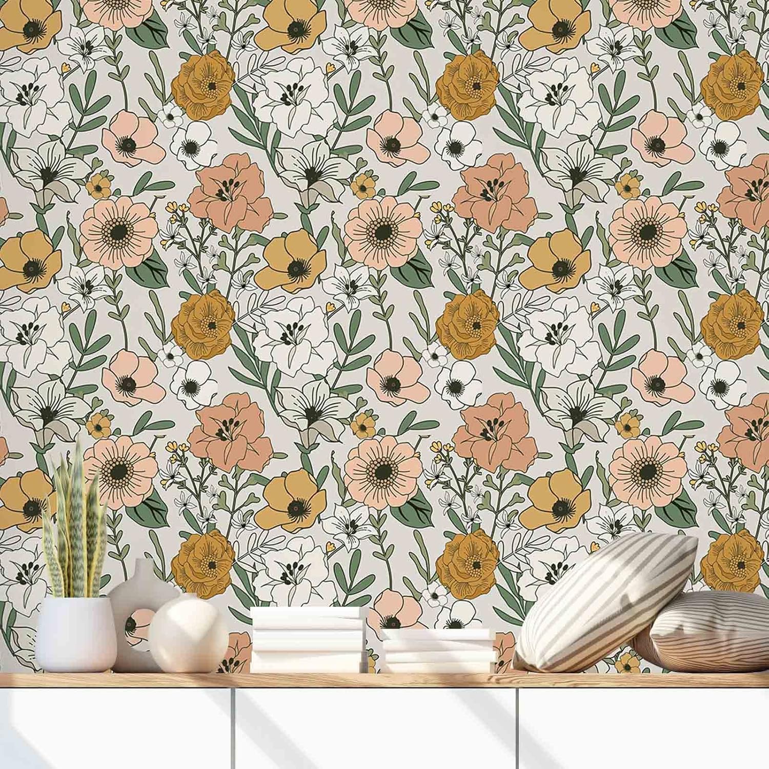 Abyssaly Papel tapiz vintage floral para despegar y pegar, papel de contacto retro extraíble, papel tapiz de vinilo autoadhesivo de flores para