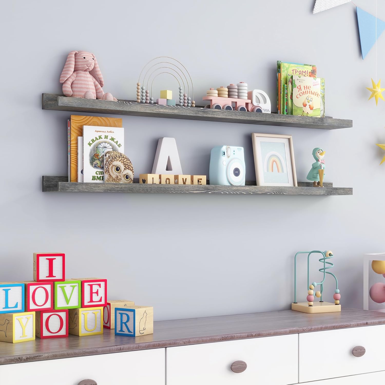 Juego de 2 estantes de pared de 48 pulgadas de ancho, estantes flotantes rústicos de madera de pino maciza para pared para habitación de niños,