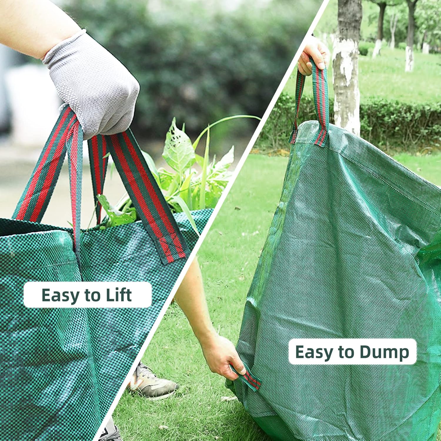 IWNTWY Paquete de 2 bolsas de 32 galones, bolsas de basura reutilizables para patio, bolsas de césped plegables resistentes con 4 asas, bolsa de