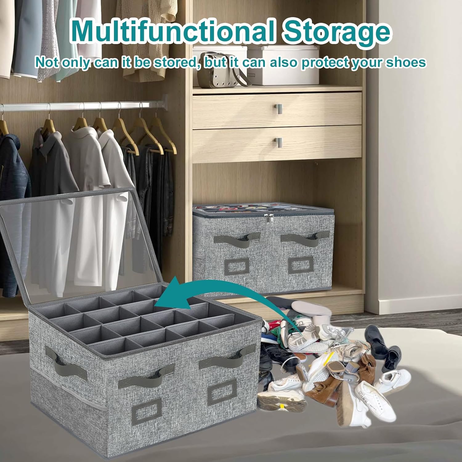 VERONLY Caja organizadora de zapatos grande para armario, contenedores de almacenamiento ajustables para zapatos, contenedores plegables para
