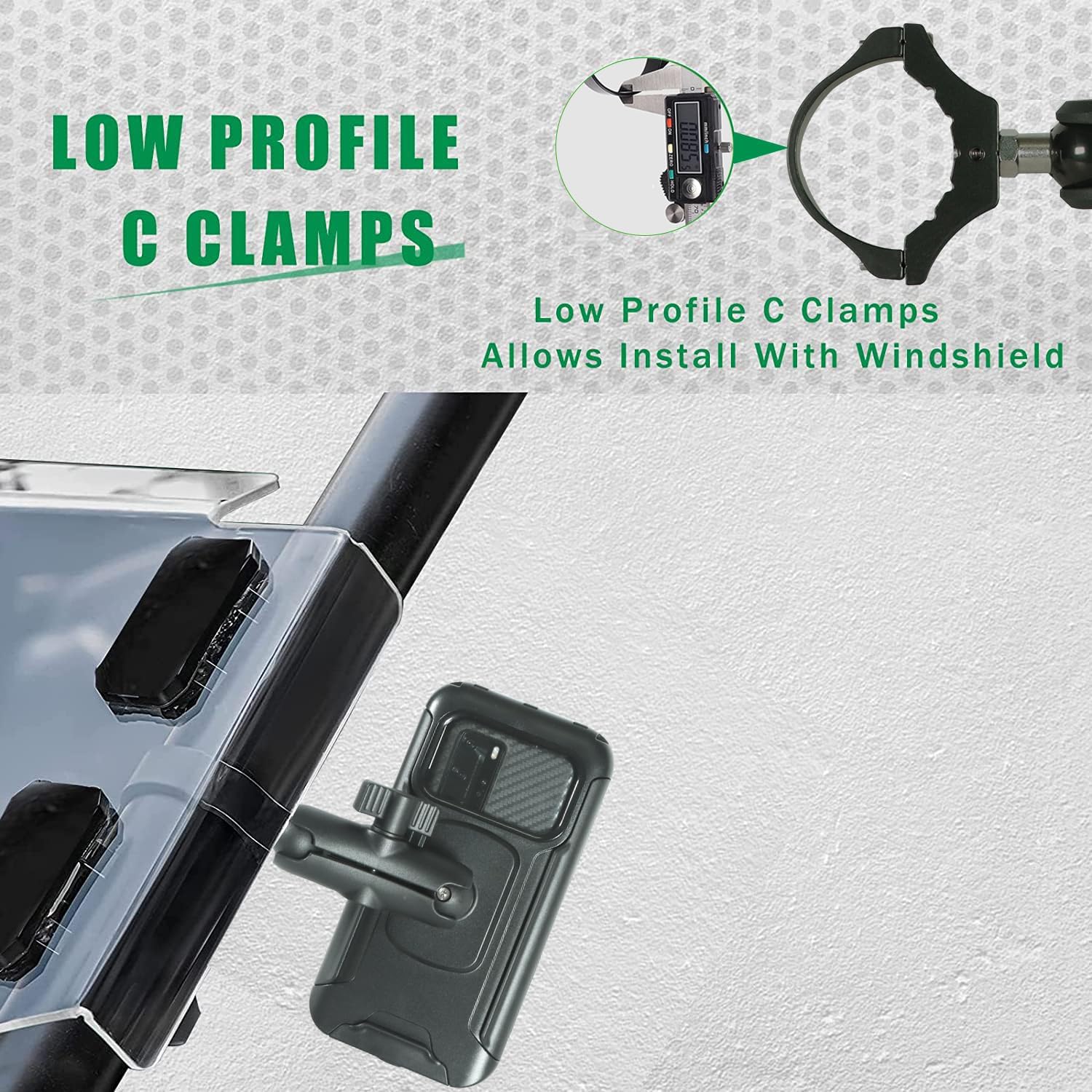 Soporte para teléfono UTV con protector impermeable, soporte para UTV ajustable de 360 grados, compatible con barra antivuelco de 1.62 a 2 pulgadas,