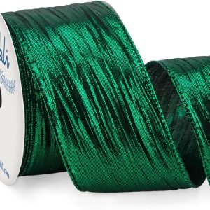 Ribbli Cinta de alambre arrugada verde bosque con borde metálico, cinta de Navidad verde bosque para guirnaldas, coronas, lazo superior, guirnaldas, Ribbli Cinta de alambre arrugada verde bosque con borde metálico, cinta de Navidad verde bosque para guirnaldas, coronas, lazo superior, guirnaldas,