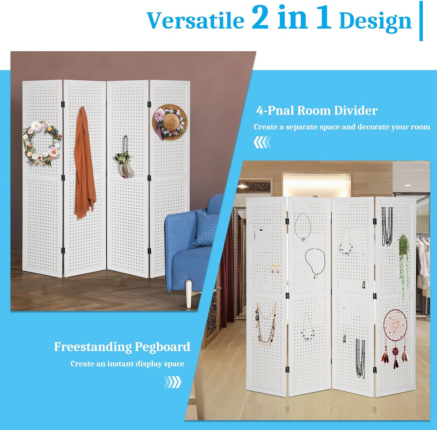 Bonnlo Tablero de clavijas de 4 paneles independiente, organizador portátil de 5 pies para exhibición de manualidades, divisor de habitación