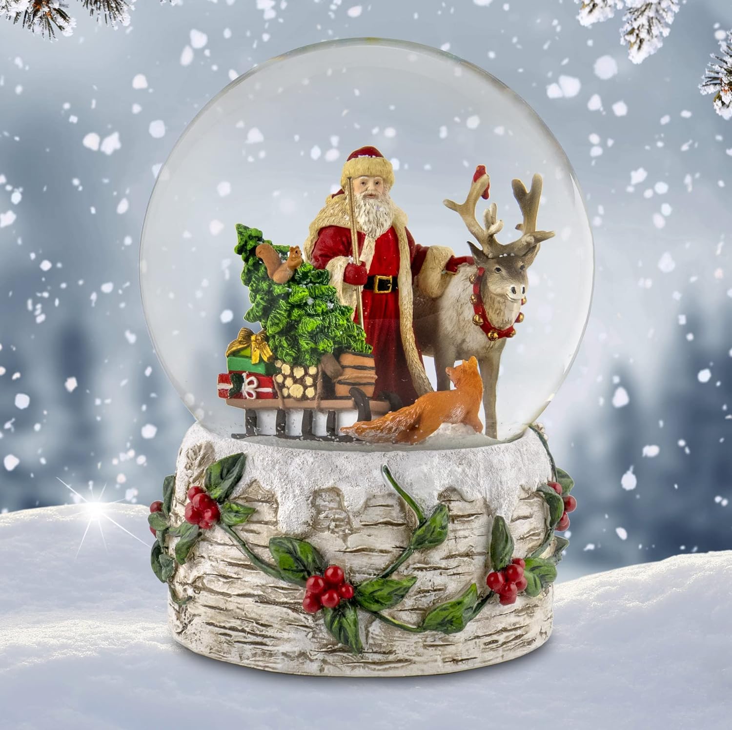 Santa musical de 4.724 in con globo de nieve de reno por San Francisco Music Box Company