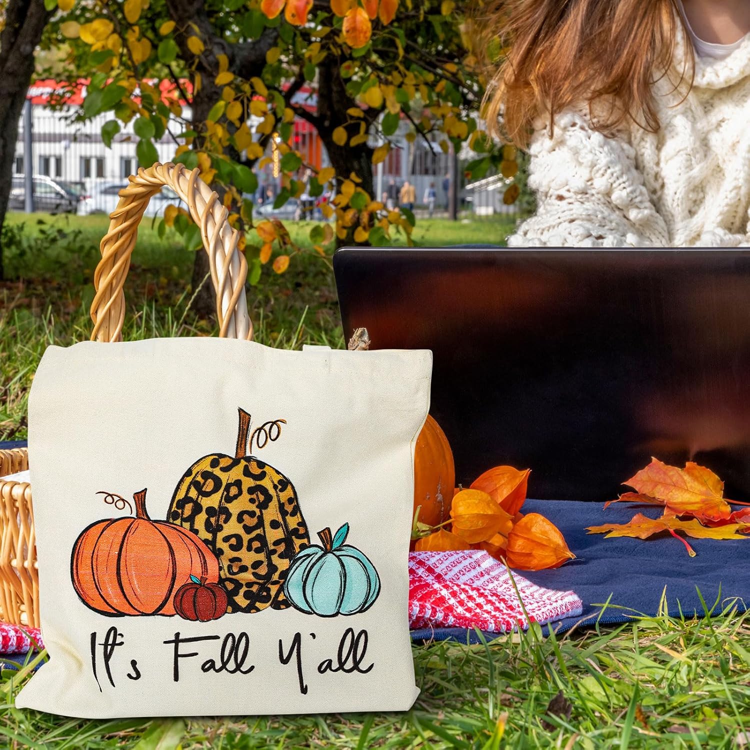 Whaline Paquete de 2 bolsas de lona de otoño, bolsas de comestibles con texto en inglés “It’s Fall Y’all”, bolsas de regalo de fiesta de otoño,