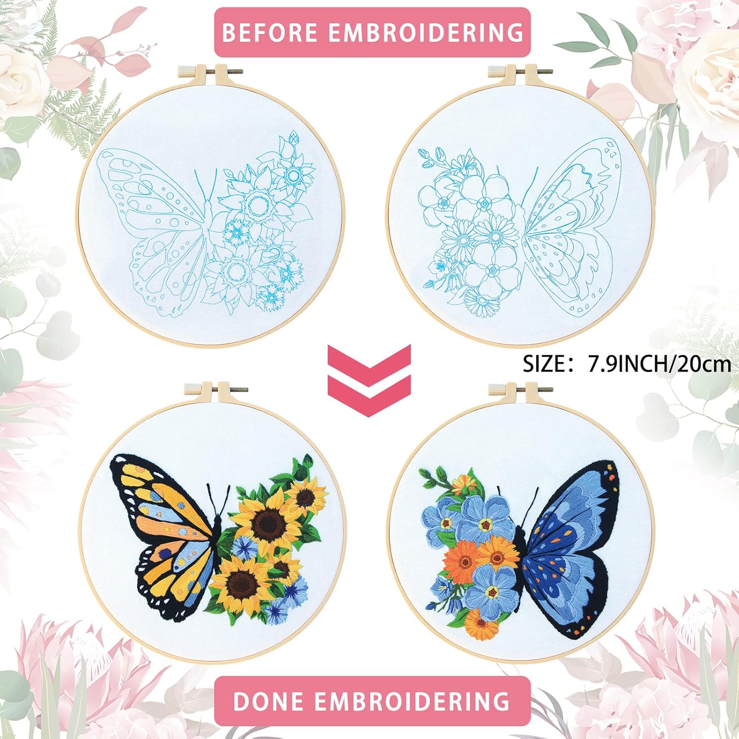 Yinder 5 juegos de bordado para principiantes con patrones de flores de mariposa e instrucciones (idioma español no garantizado), kits de punto de