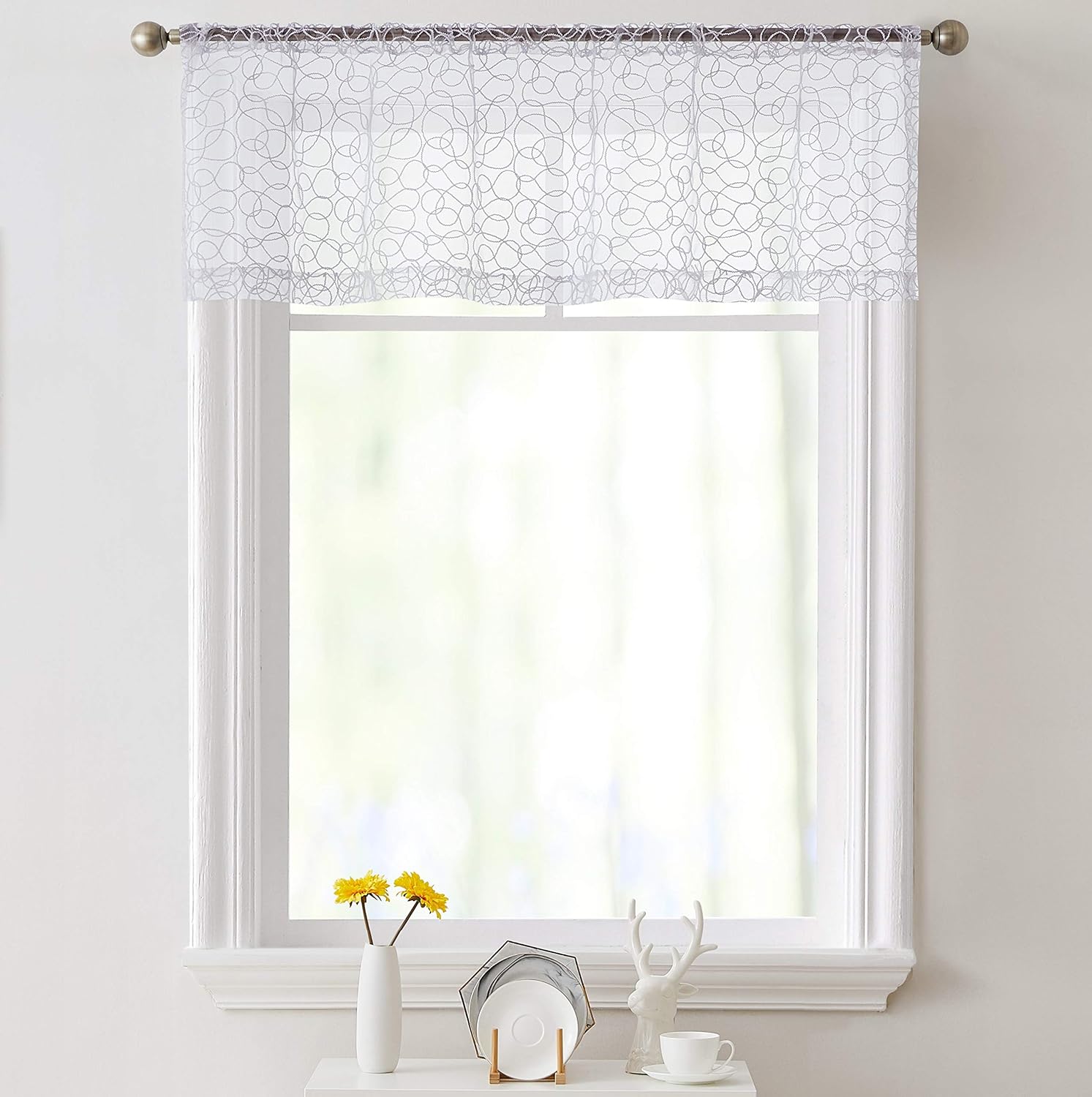 HLC.ME Audrey – Cenefa de cortina de gasa transparente bordada con bolsillo para barra, para cocina, dormitorio, ventanas pequeñas y baño (54 x 18