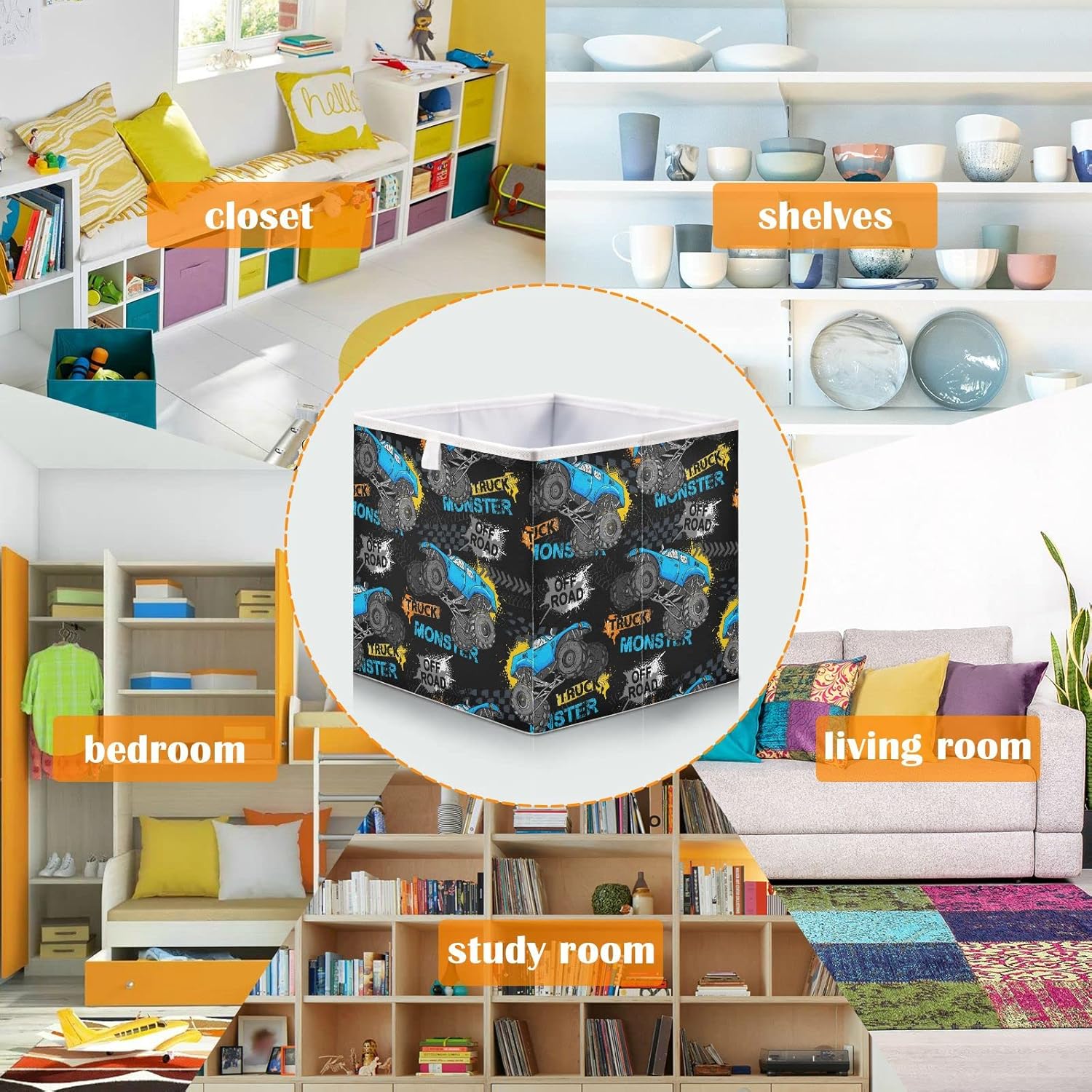 Monster Truck – Cubo de almacenamiento de neumáticos de camión, cubos de almacenamiento plegables impermeables para cubos organizadores de cubos