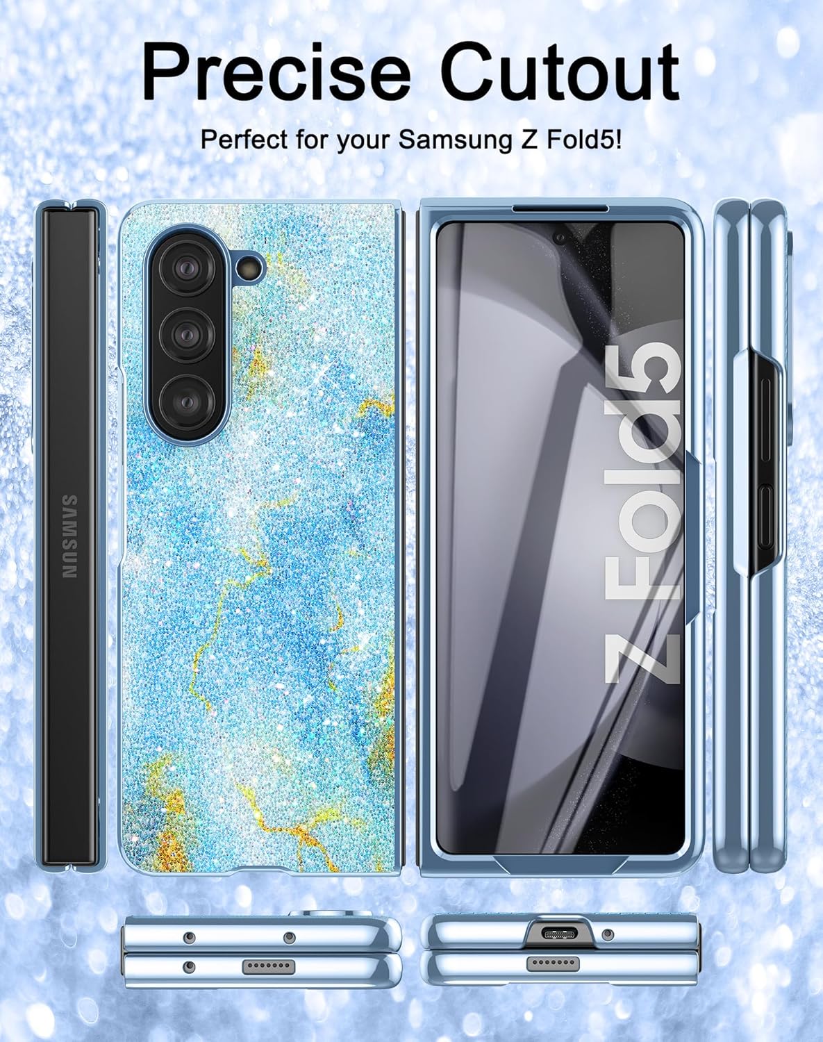 DDJ Funda para Samsung Galaxy Z Fold 5, funda rígida de policarbonato brillante con diamantes de imitación para mujeres y niñas, funda brillante