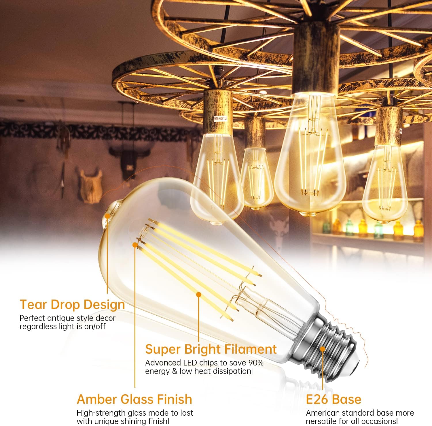 Batklumi Bombillas LED Edison regulables 8 W, equivalente a 60 W, 2700 K, blanco cálido con 80+ CRI E26 Edison bombillas de filamento vintage