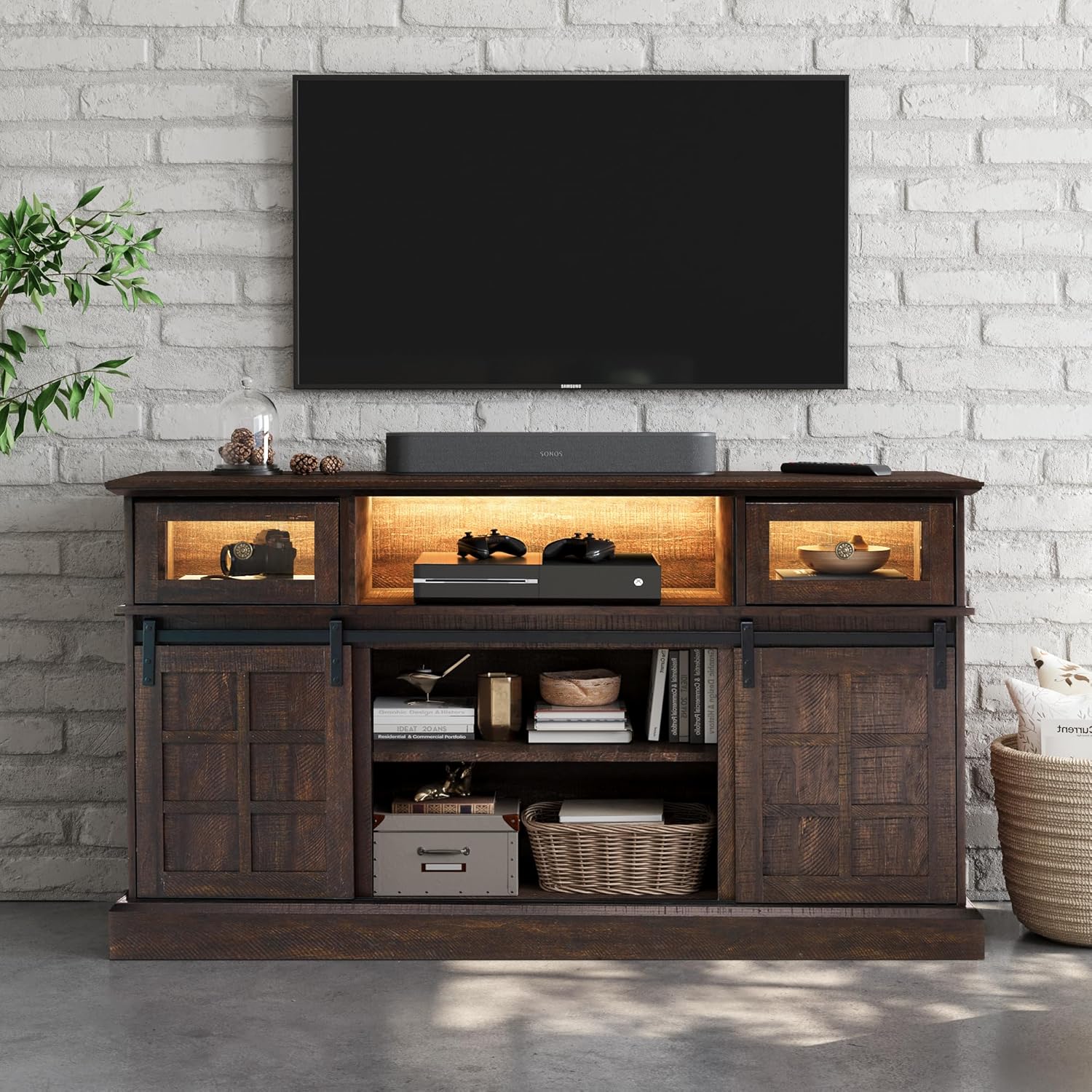 LGHM Soporte de TV de granja para TV de 65 pulgadas, centro de entretenimiento con luces LED, puerta corrediza de granero, centro de TV, consola