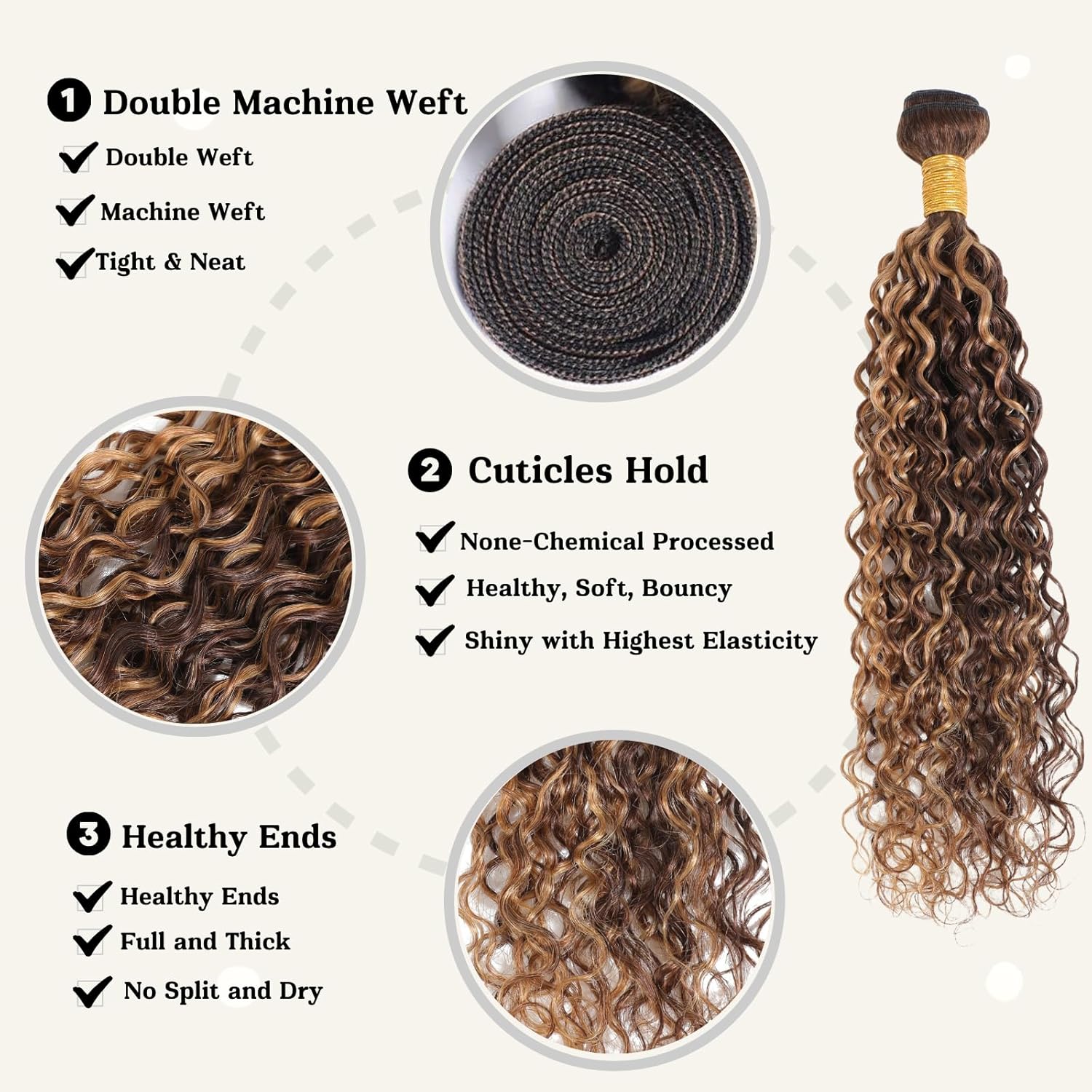 ALHER Paquetes de cabello humano ondulado rubio miel con reflejos P427, ombré, mechones individuales húmedos y ondulados, color marrón, 10A, 100%