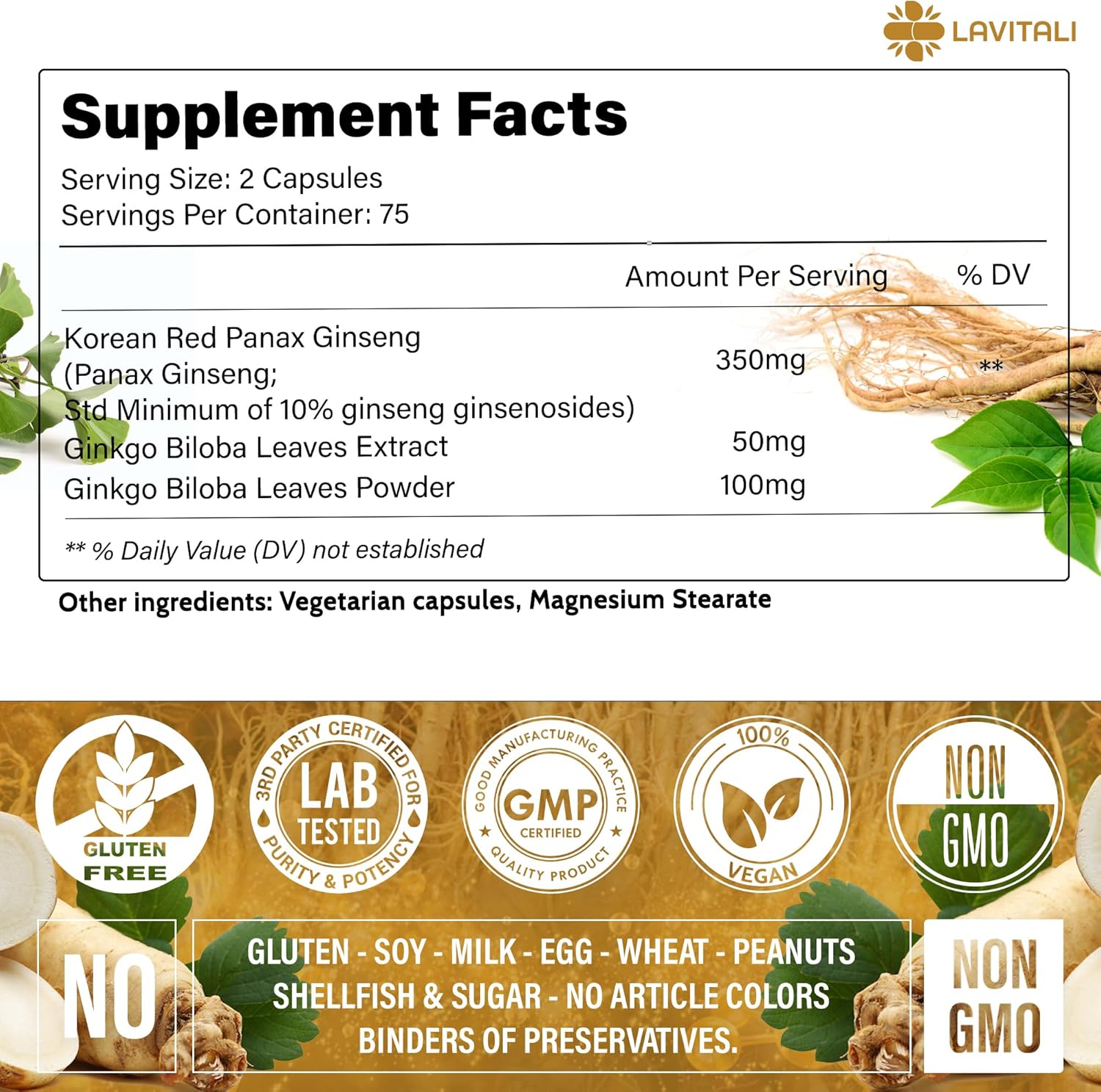 Ginseng & Ginkgo Biloba 150 cápsulas vegetales, polvo de extracto de raíz de ginseng energético, con extracto de ginkgo biloba, 100% natural y sin