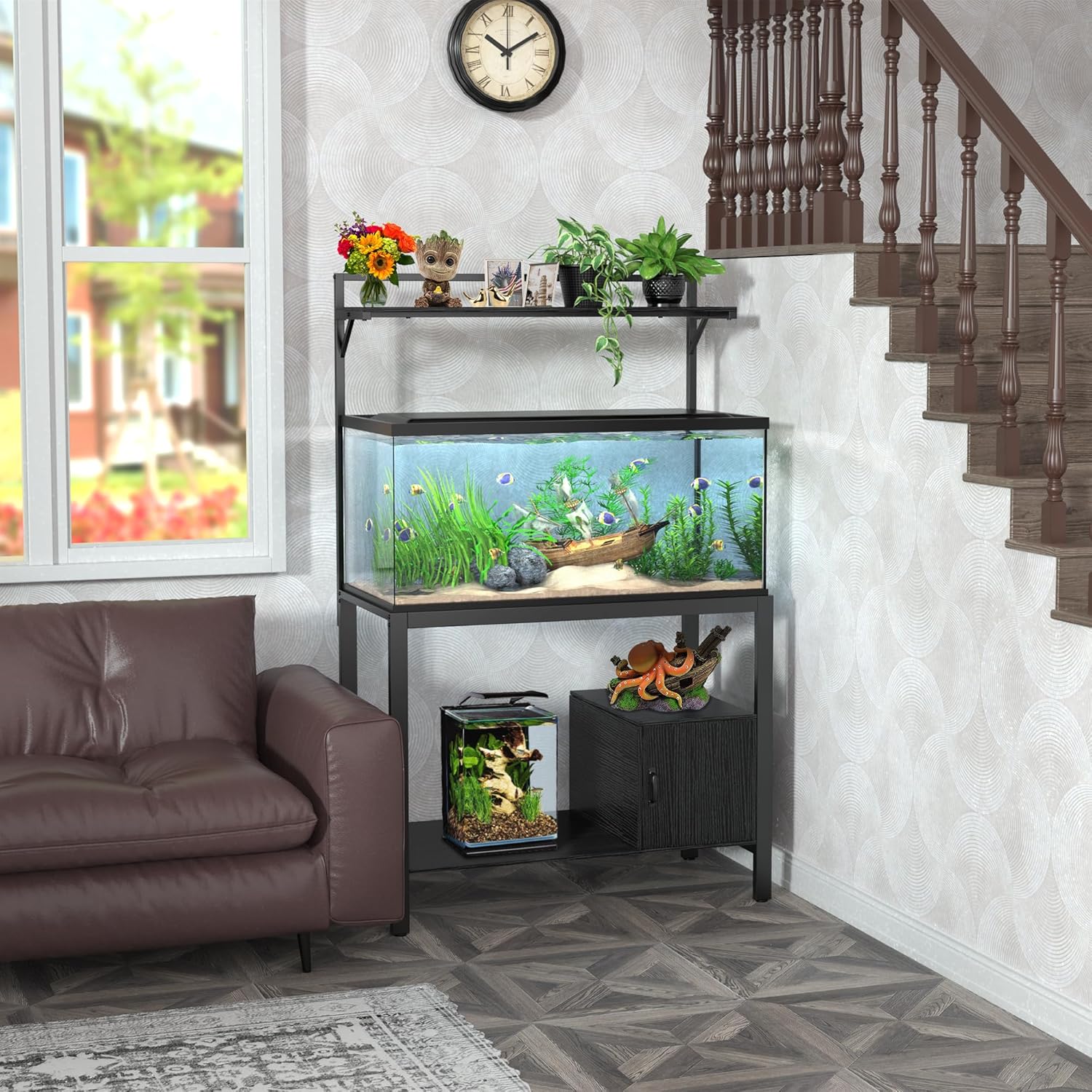 GDLF Soporte para pecera de 40 a 50 galones con estante para plantas, soporte de metal para acuario con almacenamiento de cubículos, mesa de 36.6 x