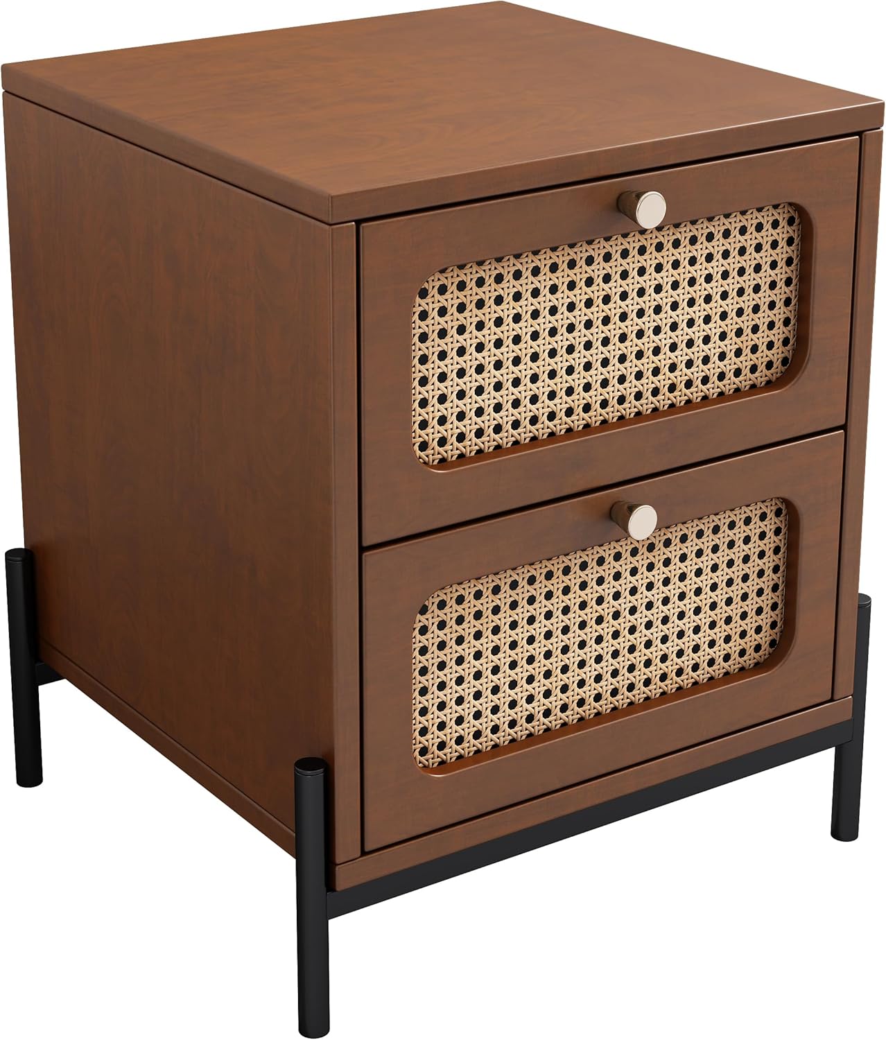 Mesita de noche de 2 cajones, moderna mesa auxiliar de madera de ratán con 2 cajones, armario de almacenamiento de madera pequeño para dormitorio,
