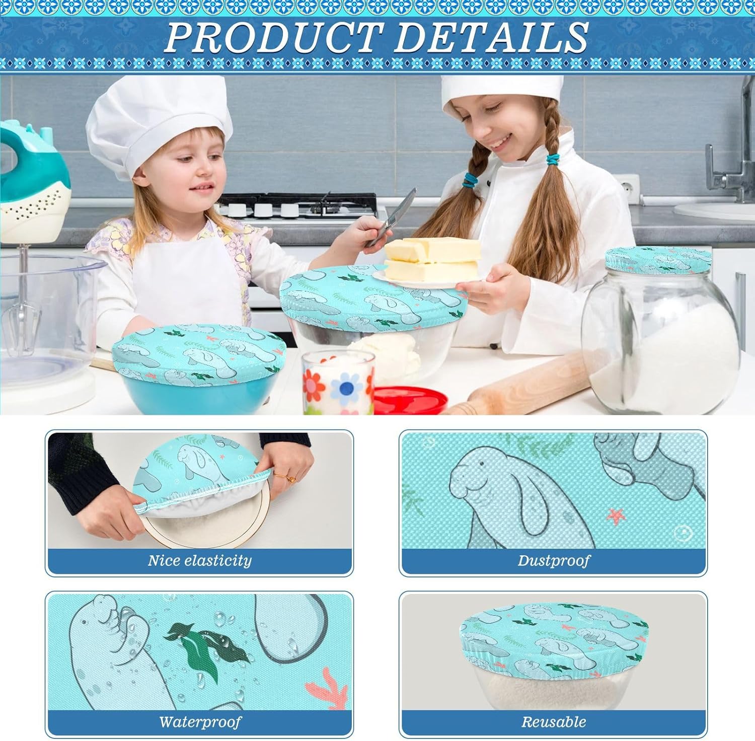 Blue Manatees – 5 fundas elásticas reutilizables para cuencos para almacenamiento de alimentos, tapas de tela elástica con 5 tamaños diferentes,