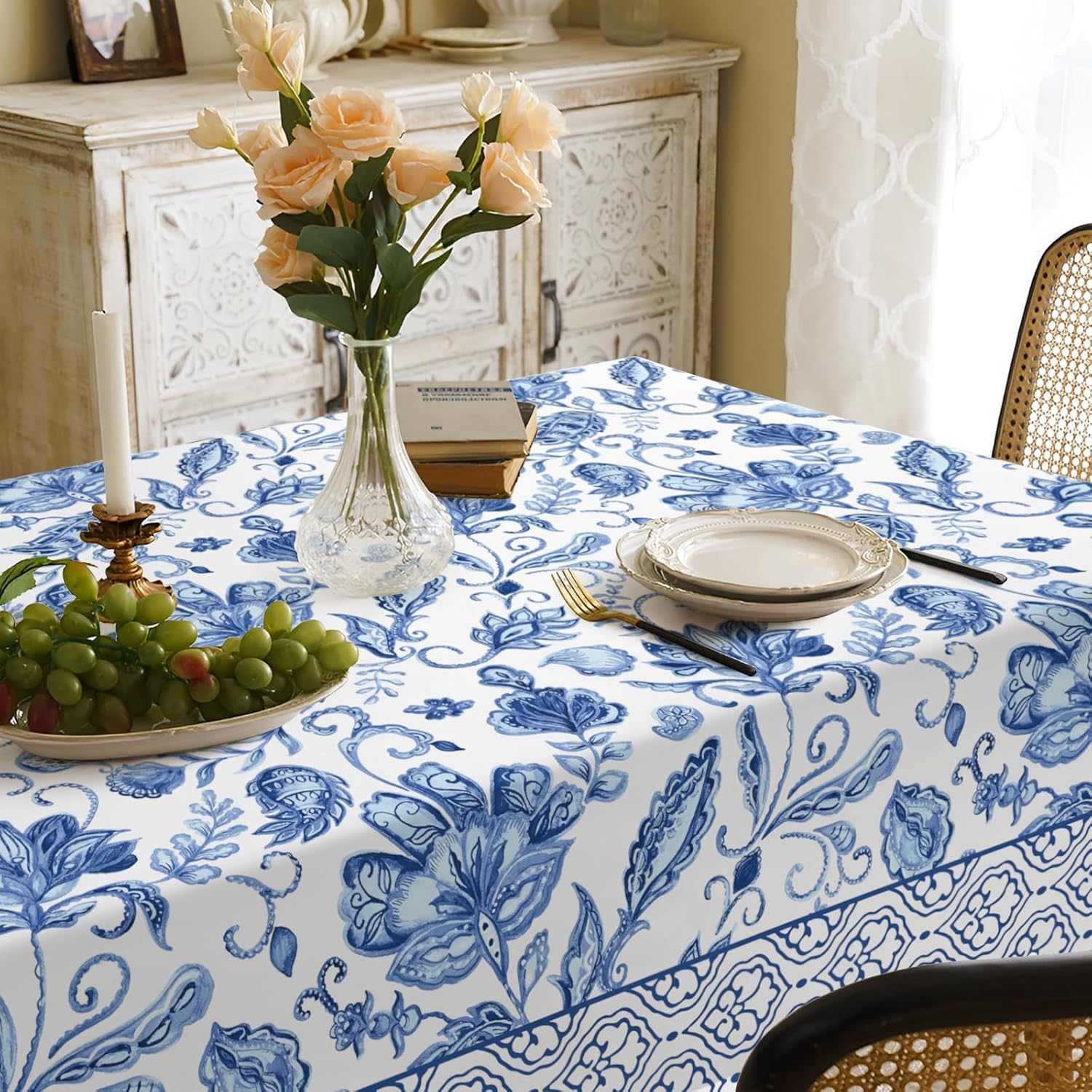 Mantel de tela impermeable de porcelana blanca y azul, rectangular, a prueba de arrugas, resistente al aceite, para mesa de comedor, fiestas de bufé