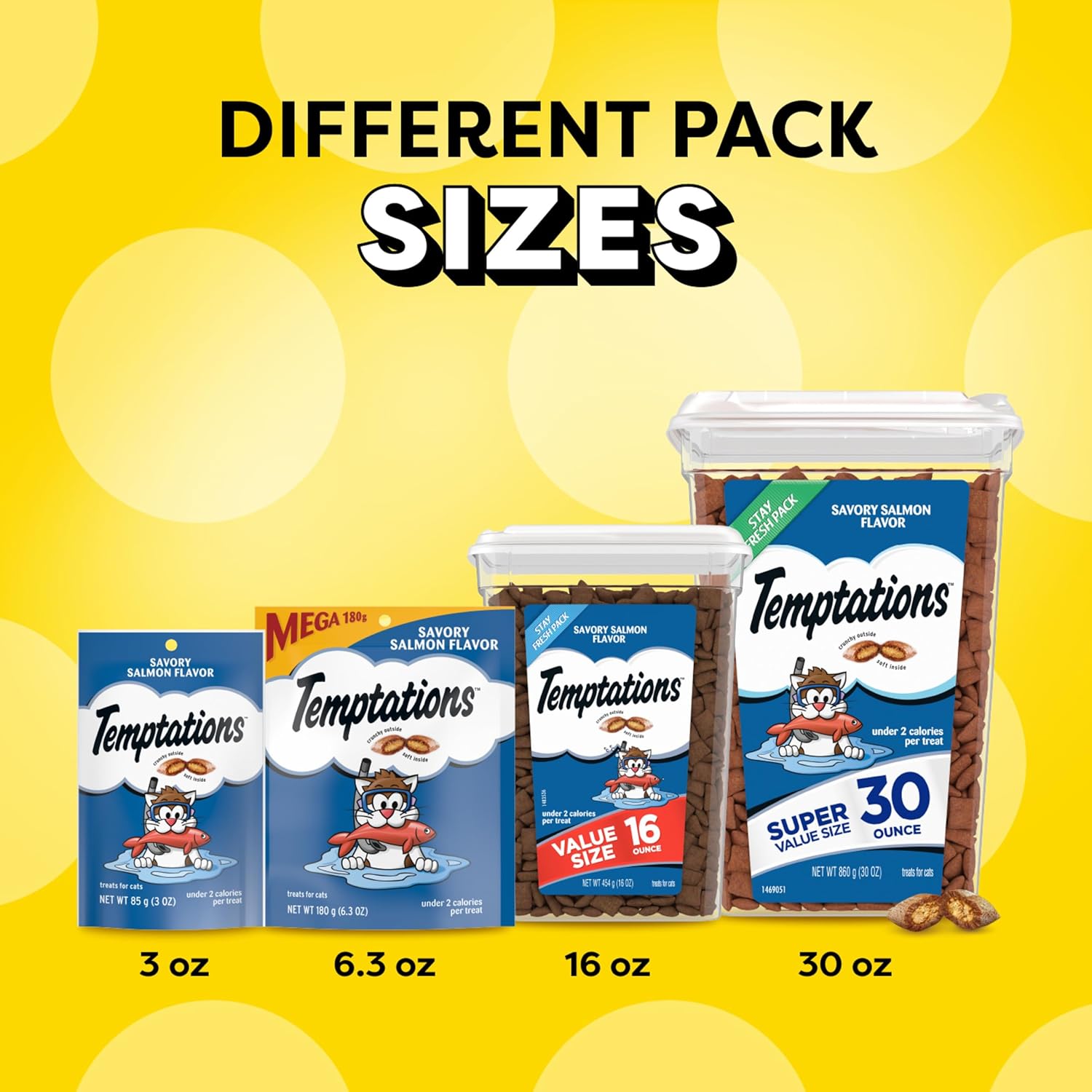 TEMPTATIONS Classic Bocadillos crujientes y suaves para gato sabor salmón delicioso, 16 onzas Envase