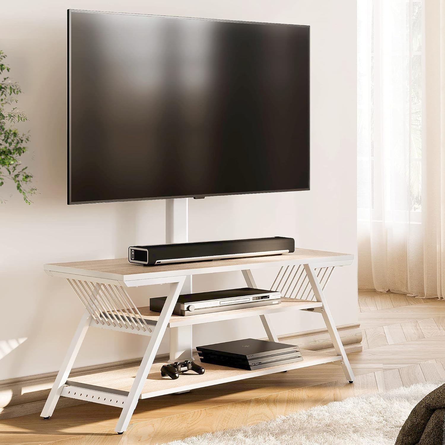 FITUEYES Soporte de TV de madera con soporte para TVS de 32 a 65 pulgadas con soporte para pantallas curvas planas LCDLED, altura ajustable, gestión