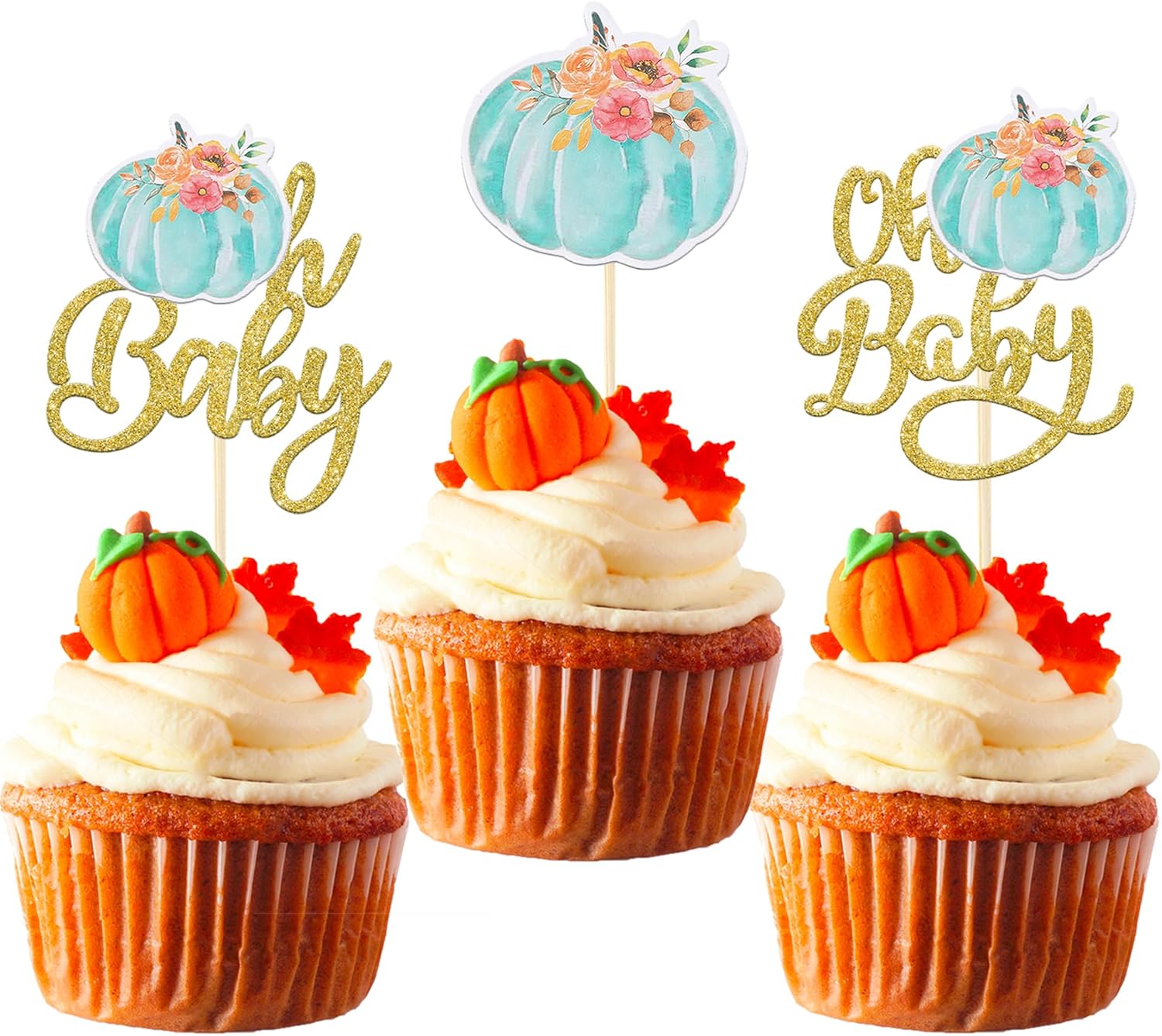 Paquete de 24 adornos para cupcakes de calabaza Oh Baby Baby Reveal de género para baby shower, decoración de cupcakes para calabaza, tema de otoño,