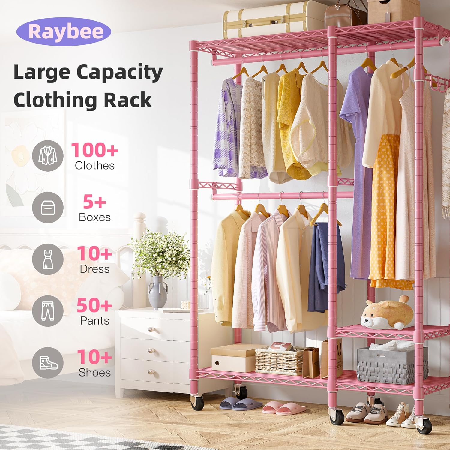 Raybee Perchero de ropa rosa de 80 pulgadas de alto, perchero resistente para colgar ropa, perchero con ruedas, estante portátil de alambre para