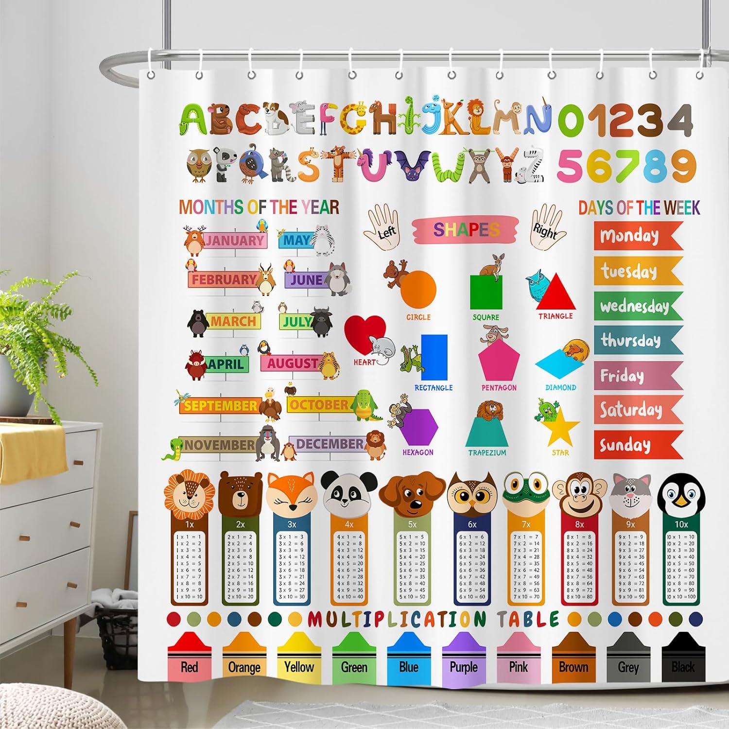 Cortina de ducha con letras del alfabeto para niños, estilo bohemio, abc, números para niños, formas de colores, tabla de multiplicar, para
