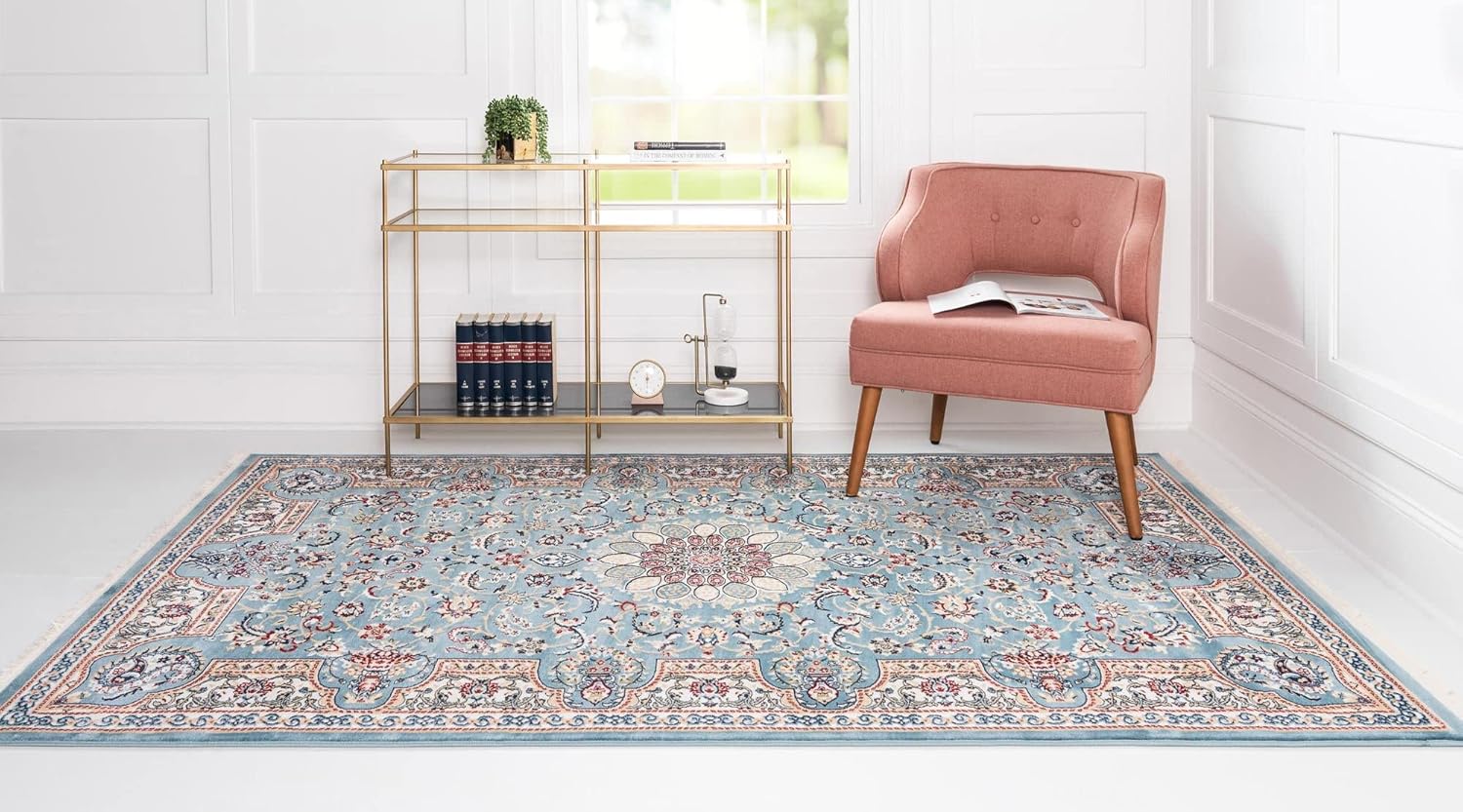 Rugs.com Rabia Collection – Alfombra baja azul de 5 x 8 pies, perfecta para dormitorios, comedores, salas de estar