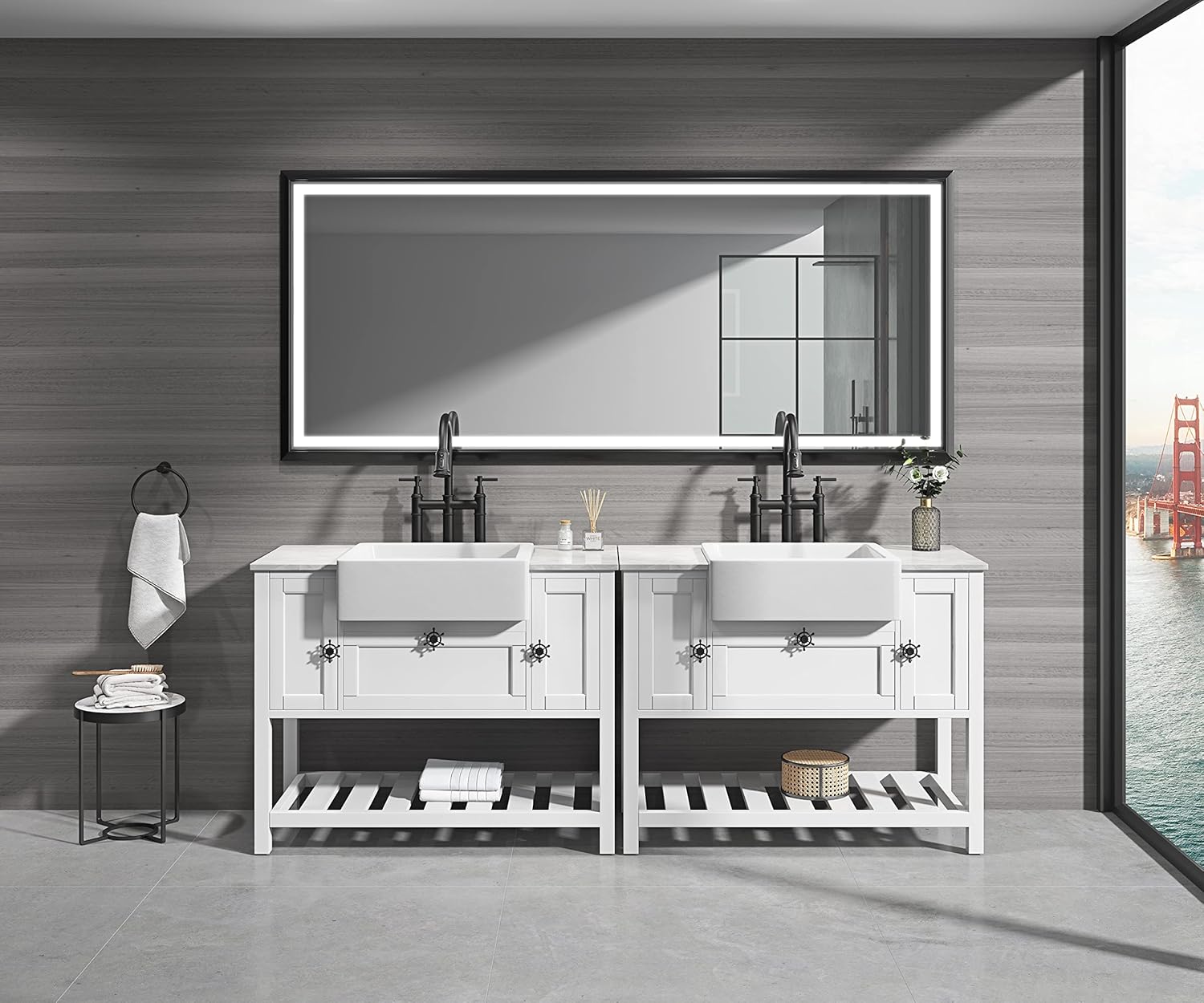HomSof Espejo de baño LED súper brillante de 88 x 38 pulgadas con luces, espejo de marco de metal, espejo de tocador iluminado para pared, espejo