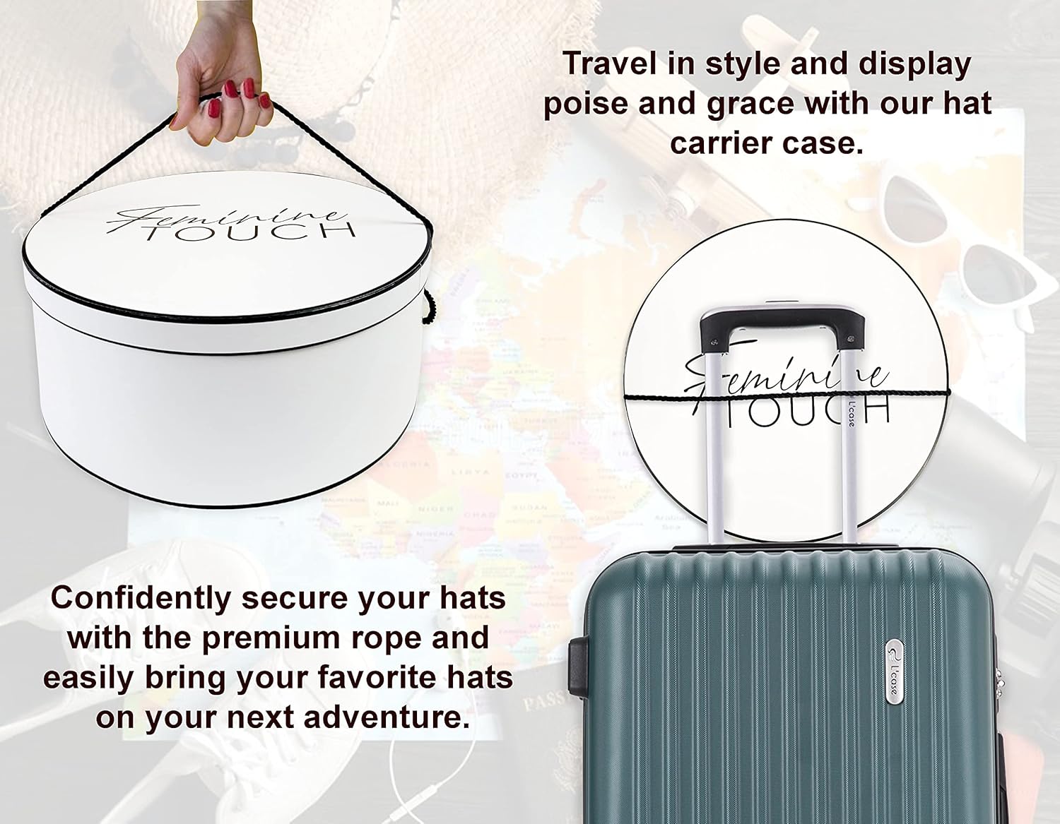 Feminine Touch Cajas para sombreros para mujer, caja de almacenamiento grande para sombreros redondos para viajes con cuerda de alta calidad,