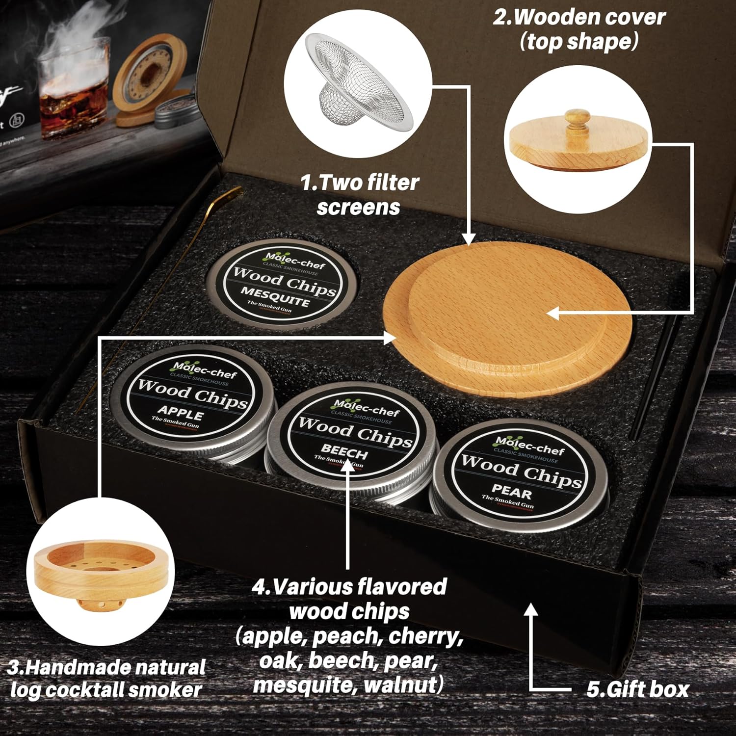 Yiiwinwy Kit de ahumador de cóctel con 8 chips de madera, kit de ahumador de whiskybebidabourbon, kit de cóctel a la antigua, aniversario de