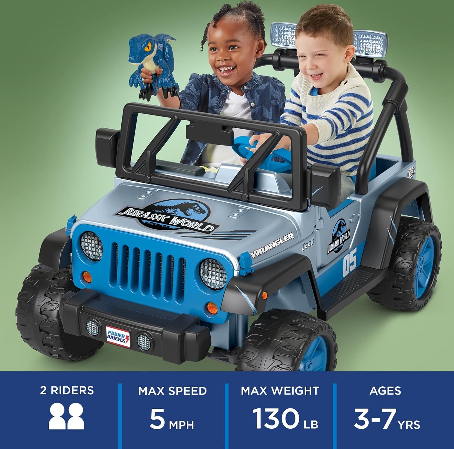 Power Wheels Jurassic World Dino Damage Jeep Wrangler – Juguete para montar con luces, sonidos y dinosaurios, tracción multiterreno, juguete
