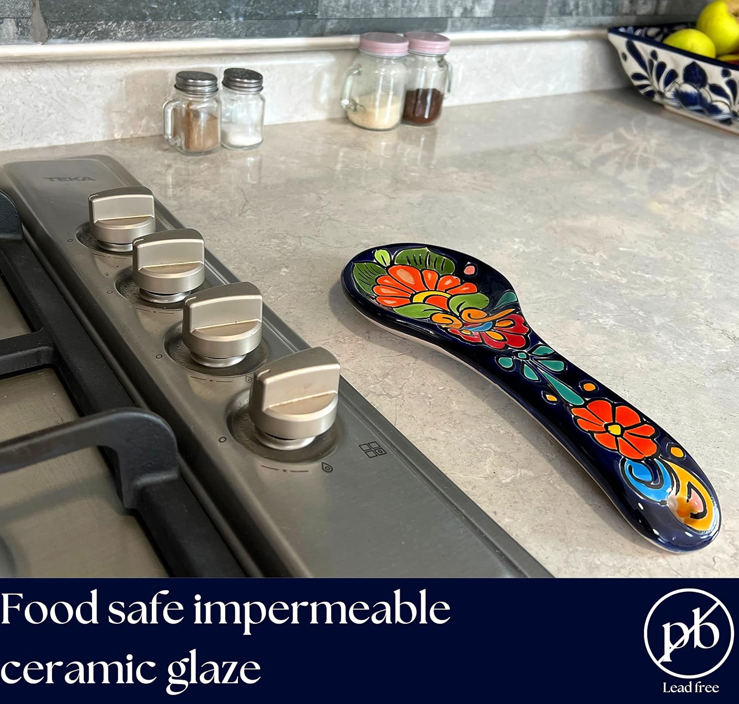 Talavera – Soporte para espátula de cerámica hecho a mano, colorida decoración mexicana de cocina (grande, azul cobalto)