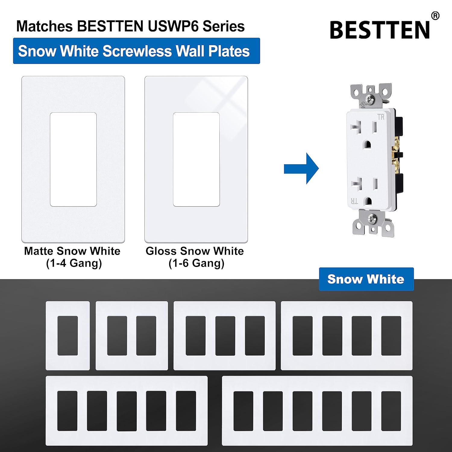 BESTTEN Toma de corriente decorativa de pared de 20 amperios, resistente a manipulaciones, 20A125V2500W, uso residencial y comercial, certificación