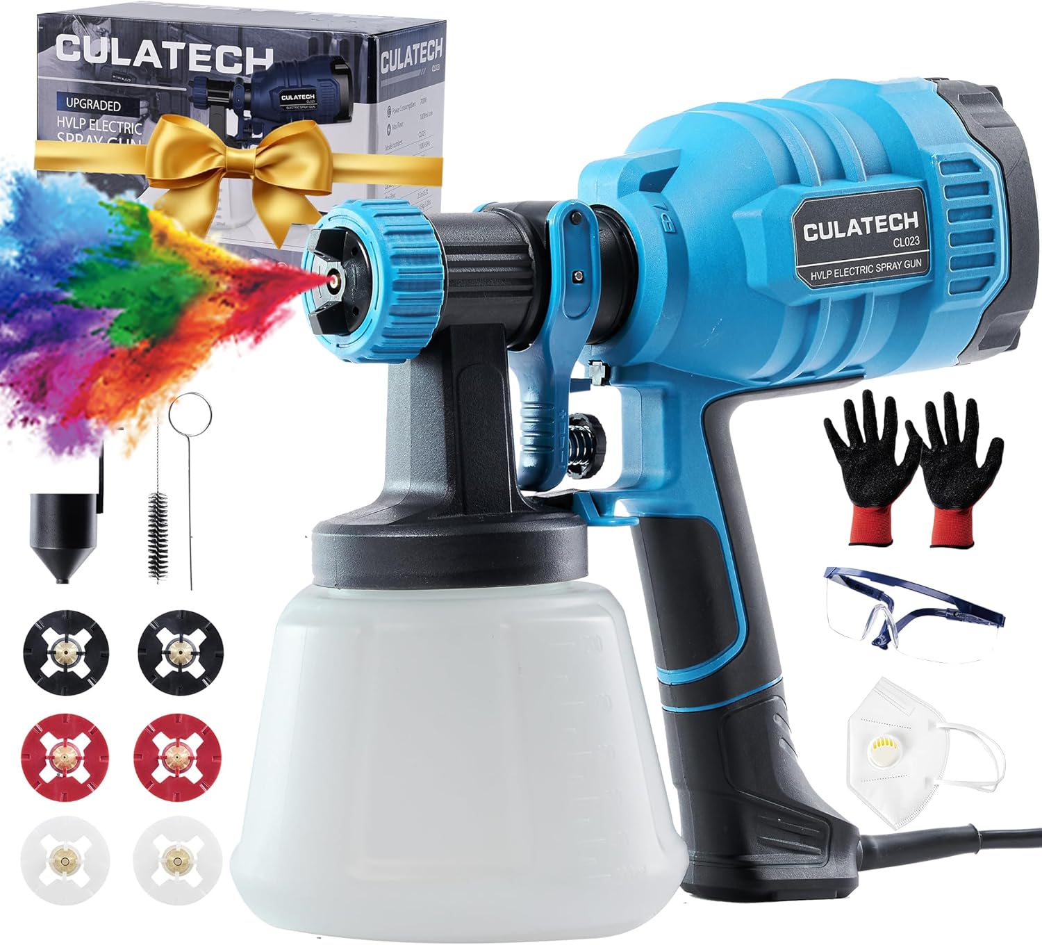 Pulverizador de pintura, Culatech 2024 pistola de pintura eléctrica HVLP mejorada de 700 W, con 6 boquillas de cobre, cable de alimentación largo,