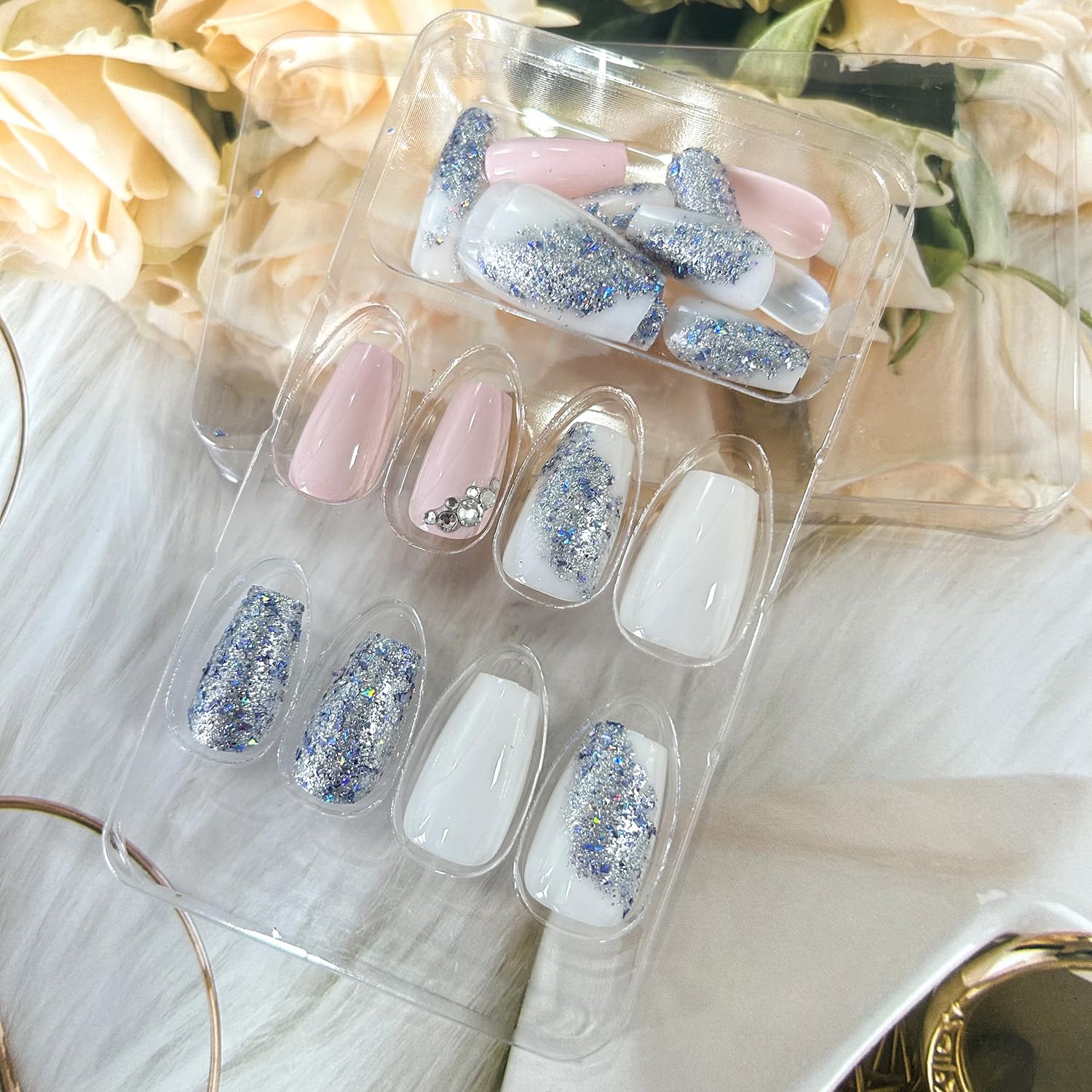 Uñas postizas artificiales a presión de longitud media con diseño de lentejuelas plateadas, cobertura completa, reutilizables, rosadas, en forma de